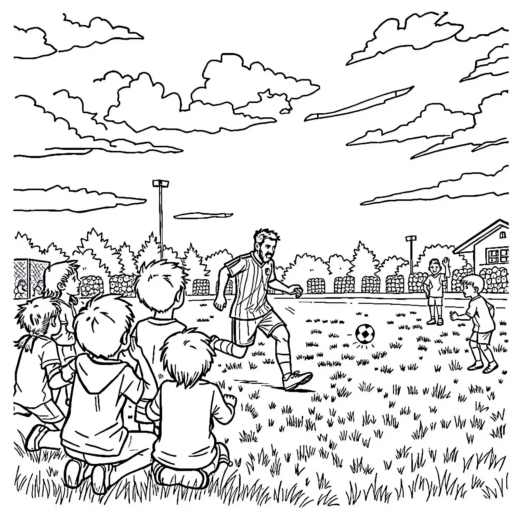 Messi playing soccer with children in the park Coloring Page (free black-and-white line drawing printable PDF for all, from beginners to advanced learners, including children, teens, adults, and seniors)