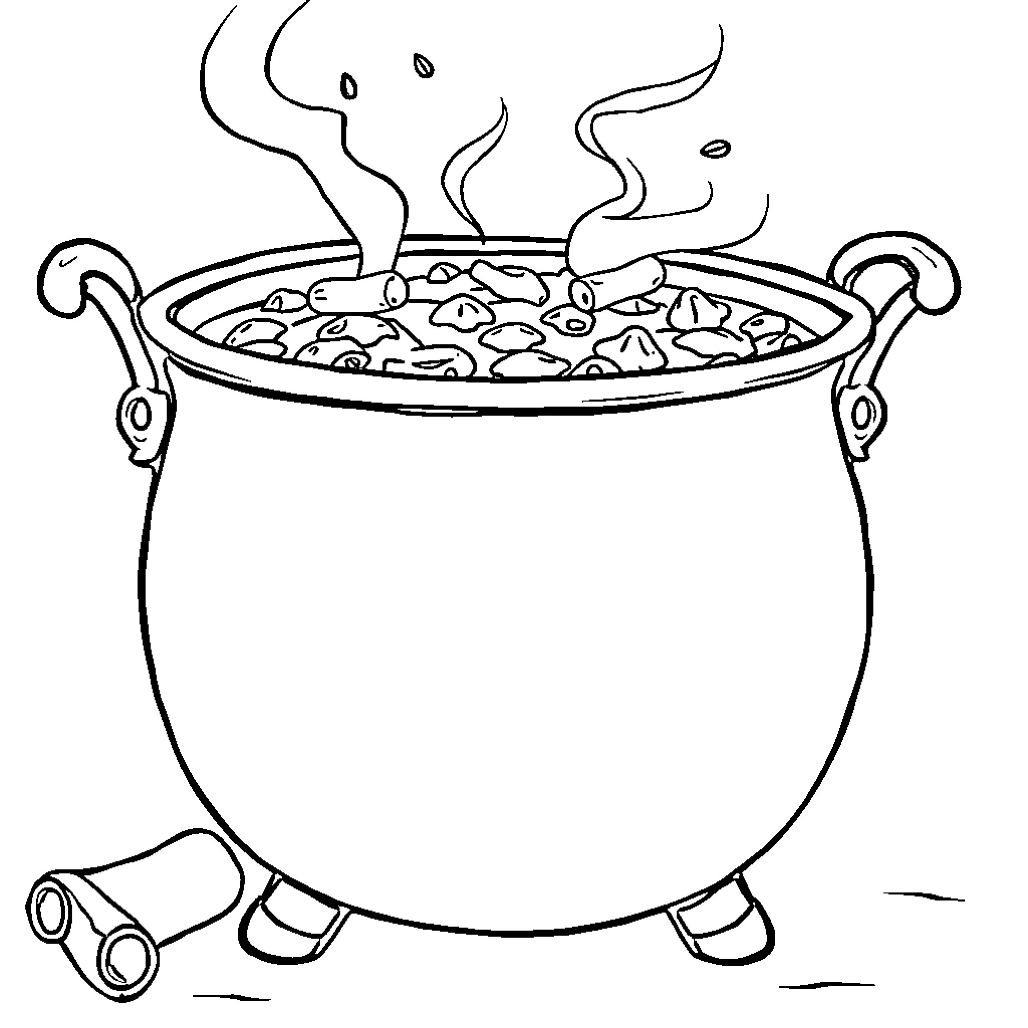 Cauldron of Bubbling Concoction Coloring Page (free black-and-white line drawing printable PDF for all, from beginners to advanced learners, including children, teens, adults, and seniors)