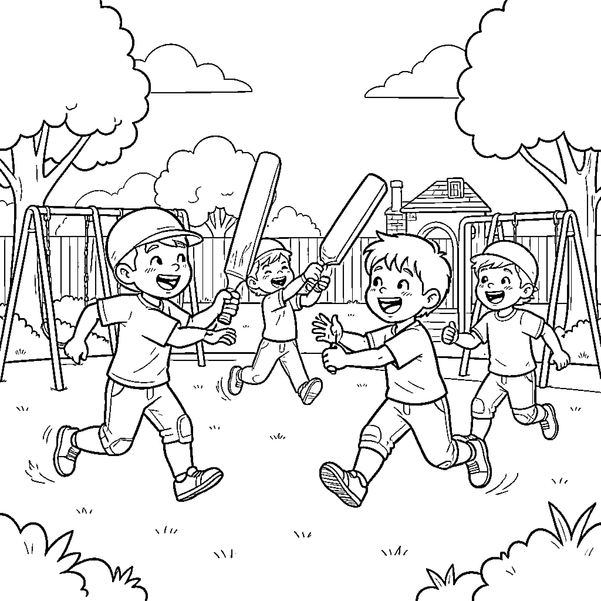 Child playing cricket joyfully in a park Coloring Page (free black-and-white line drawing printable PDF for all, from beginners to advanced learners, including children, teens, adults, and seniors)