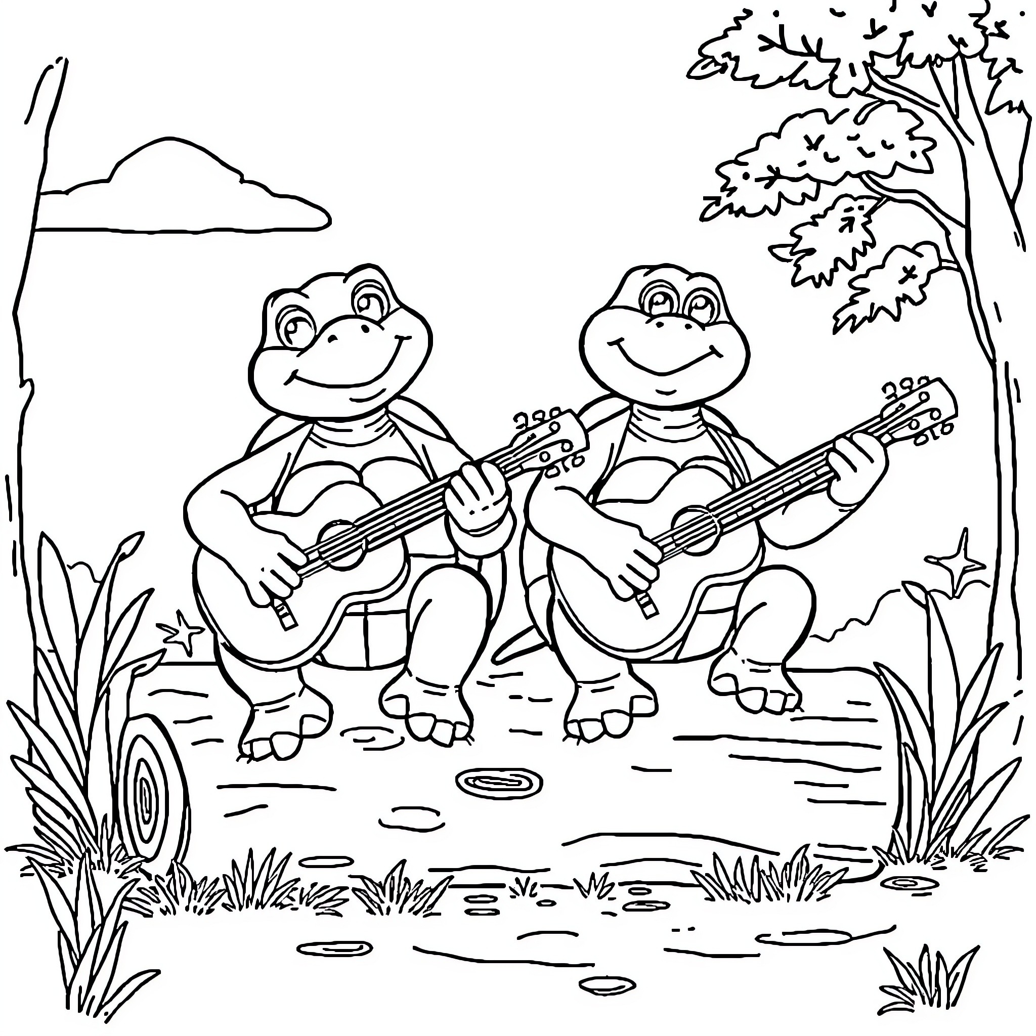 Turtle friends playing guitars in nature Coloring Page (free black-and-white line drawing printable PDF for all, from beginners to advanced learners, including children, teens, adults, and seniors)