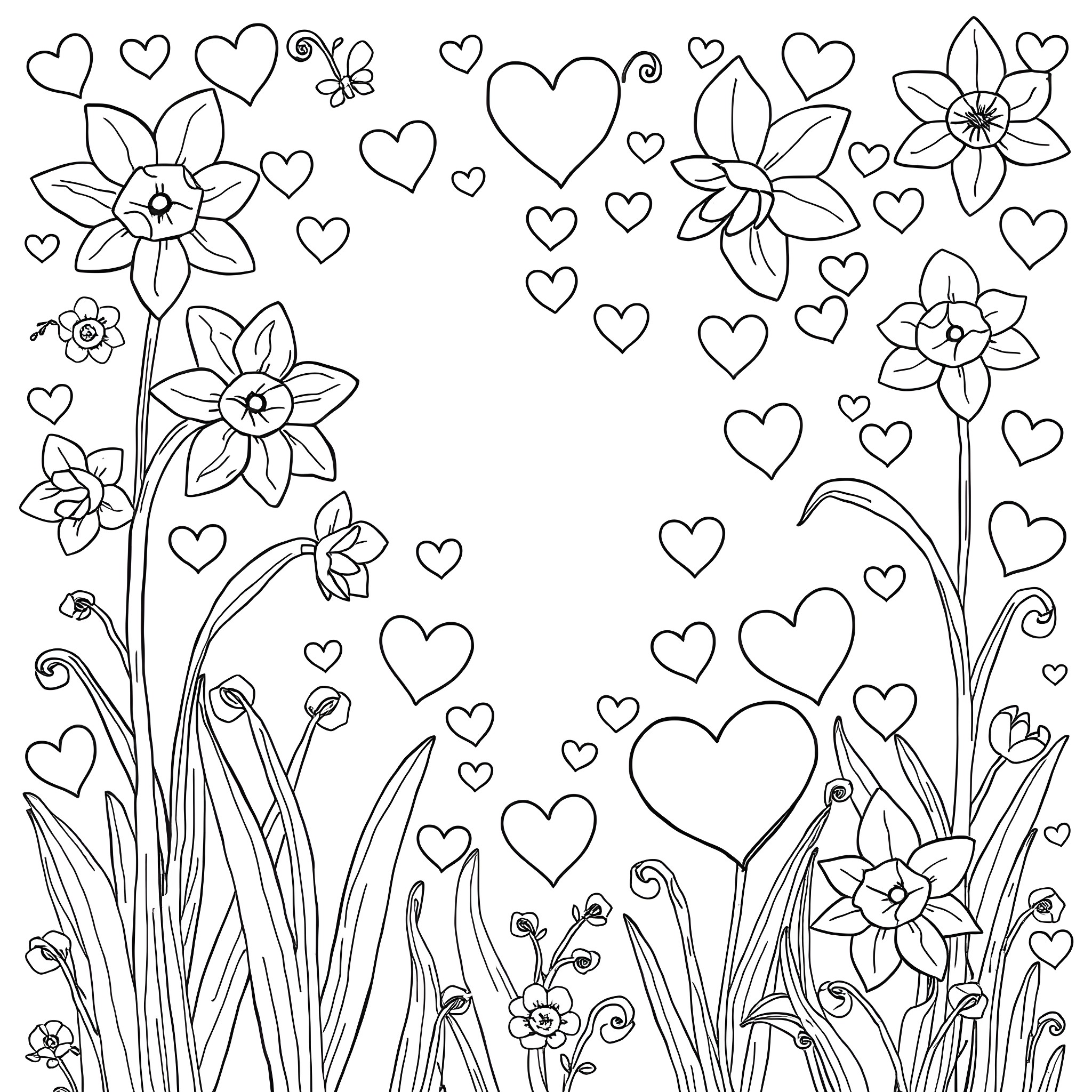 Daffodil flowers and hearts in a beautiful garden Coloring Page (free black-and-white line drawing printable PDF for all, from beginners to advanced learners, including children, teens, adults, and seniors)
