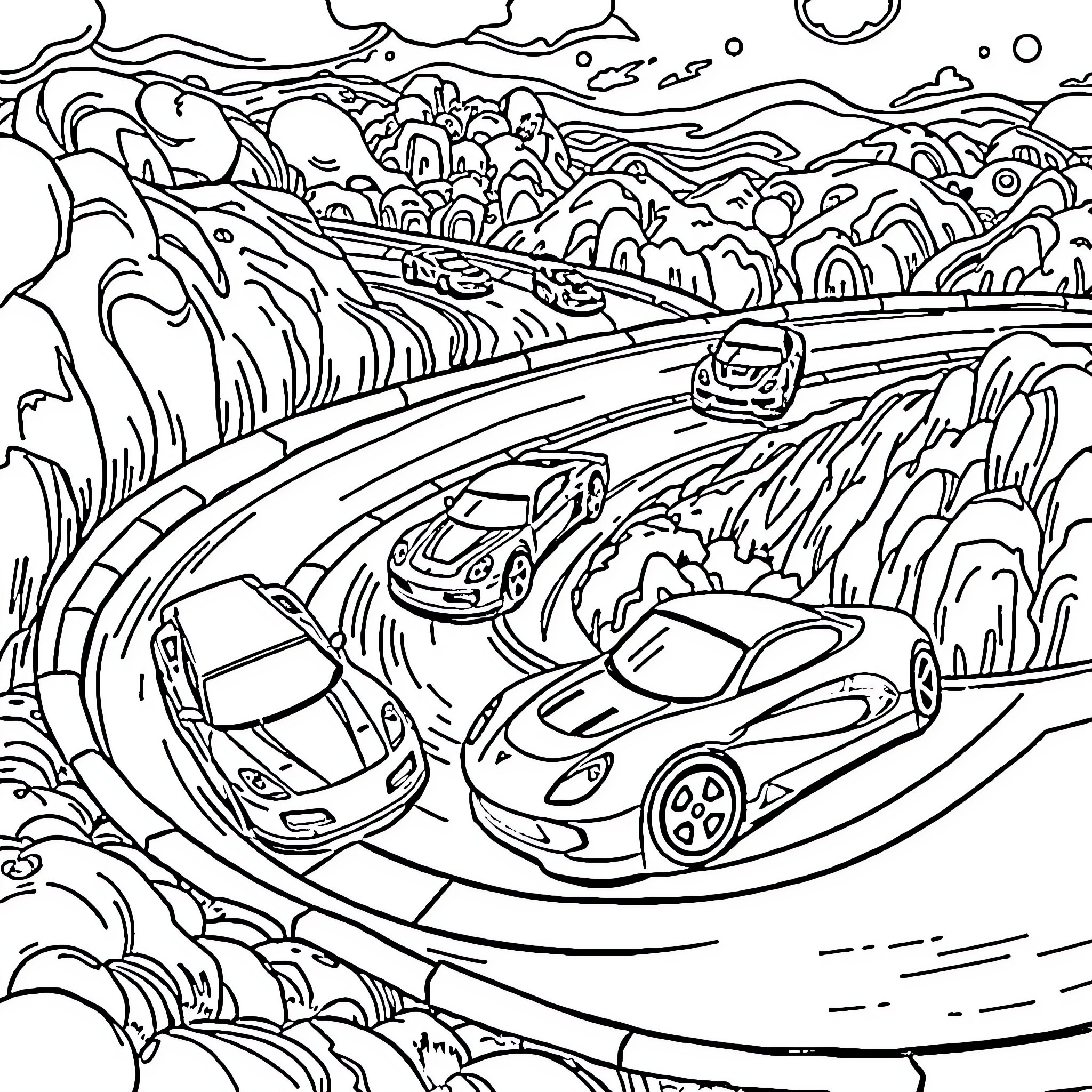Hot Wheels racing through dynamic landscapes Coloring Page (free black-and-white line drawing printable PDF for all, from beginners to advanced learners, including children, teens, adults, and seniors)