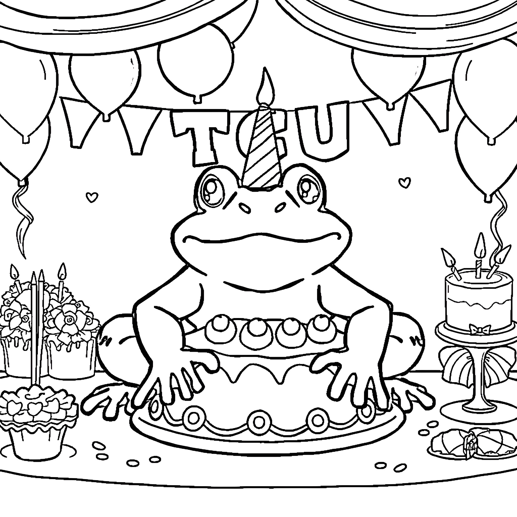 Horned Frog celebrating birthday with cake and balloons Coloring Page (free black-and-white line drawing printable PDF for all, from beginners to advanced learners, including children, teens, adults, and seniors)