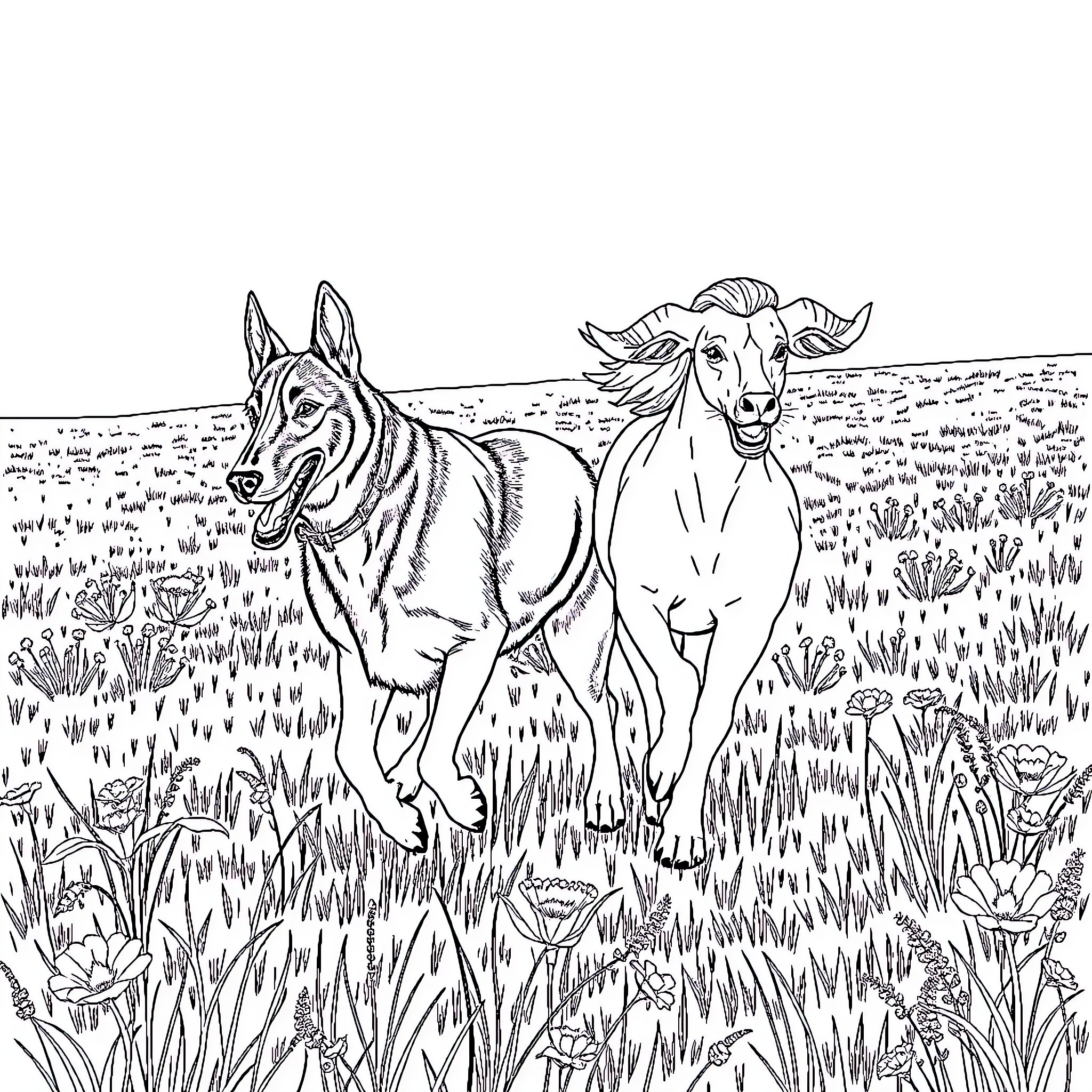 Dog and Goat exploring grassy field Coloring Page (free black-and-white line drawing printable PDF for all, from beginners to advanced learners, including children, teens, adults, and seniors)