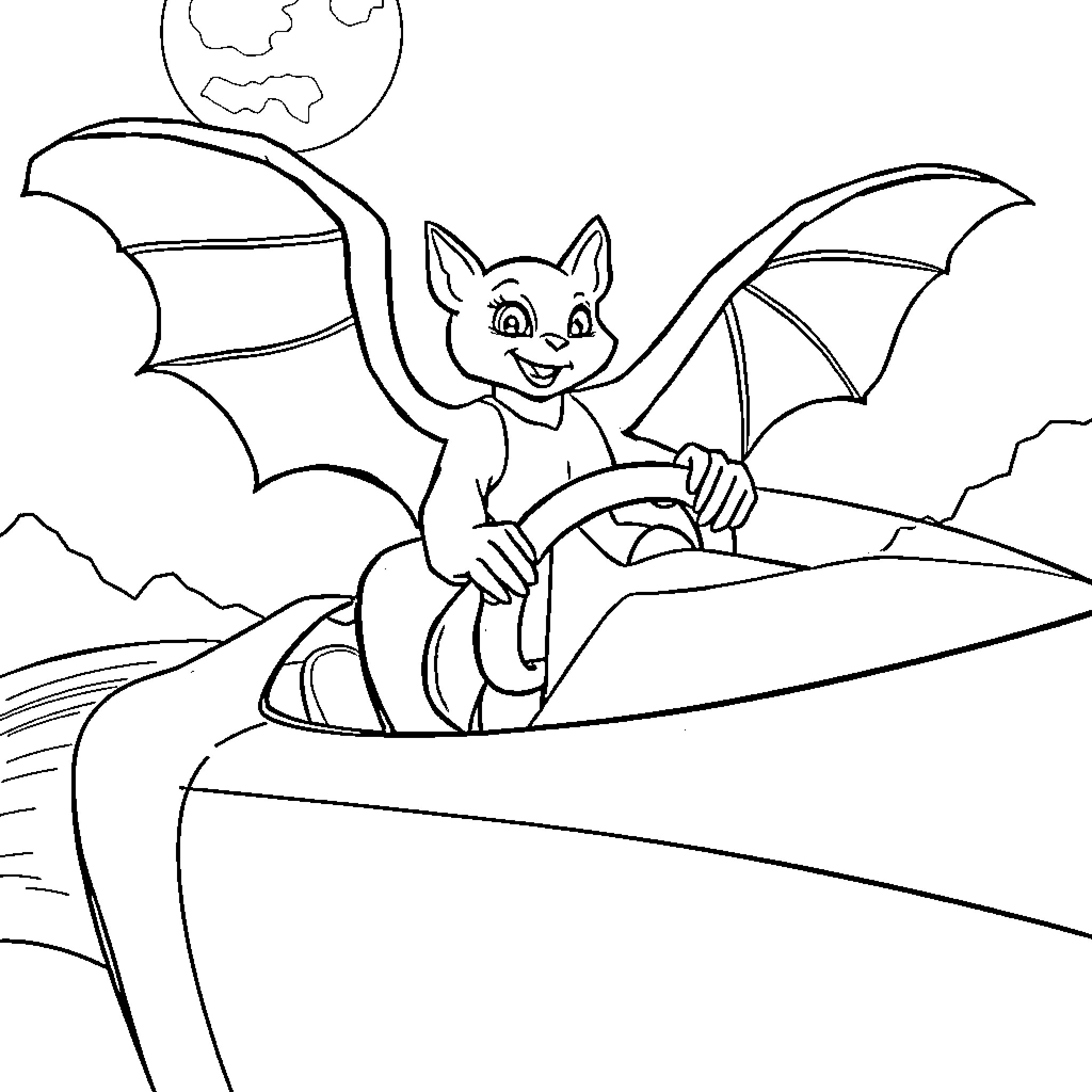 Bat flying a spooky spaceship under the full moon Coloring Page (free black-and-white line drawing printable PDF for all, from beginners to advanced learners, including children, teens, adults, and seniors)