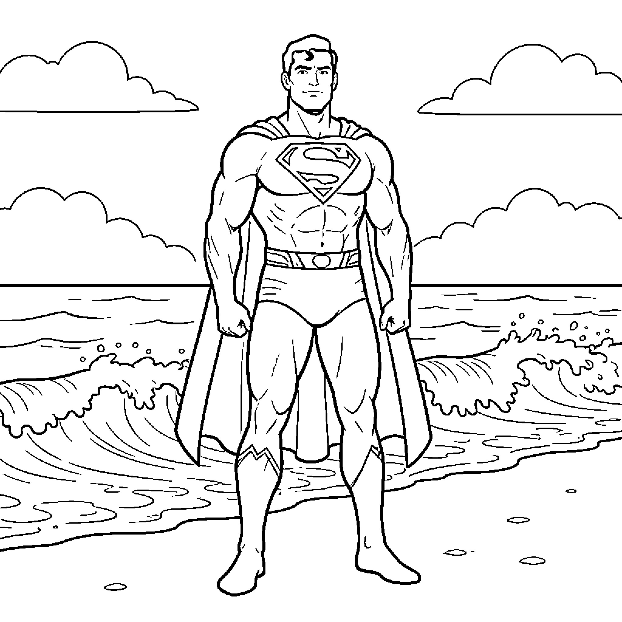 Superman standing heroically on a beach Coloring Page (free black-and-white line drawing printable PDF for all, from beginners to advanced learners, including children, teens, adults, and seniors)