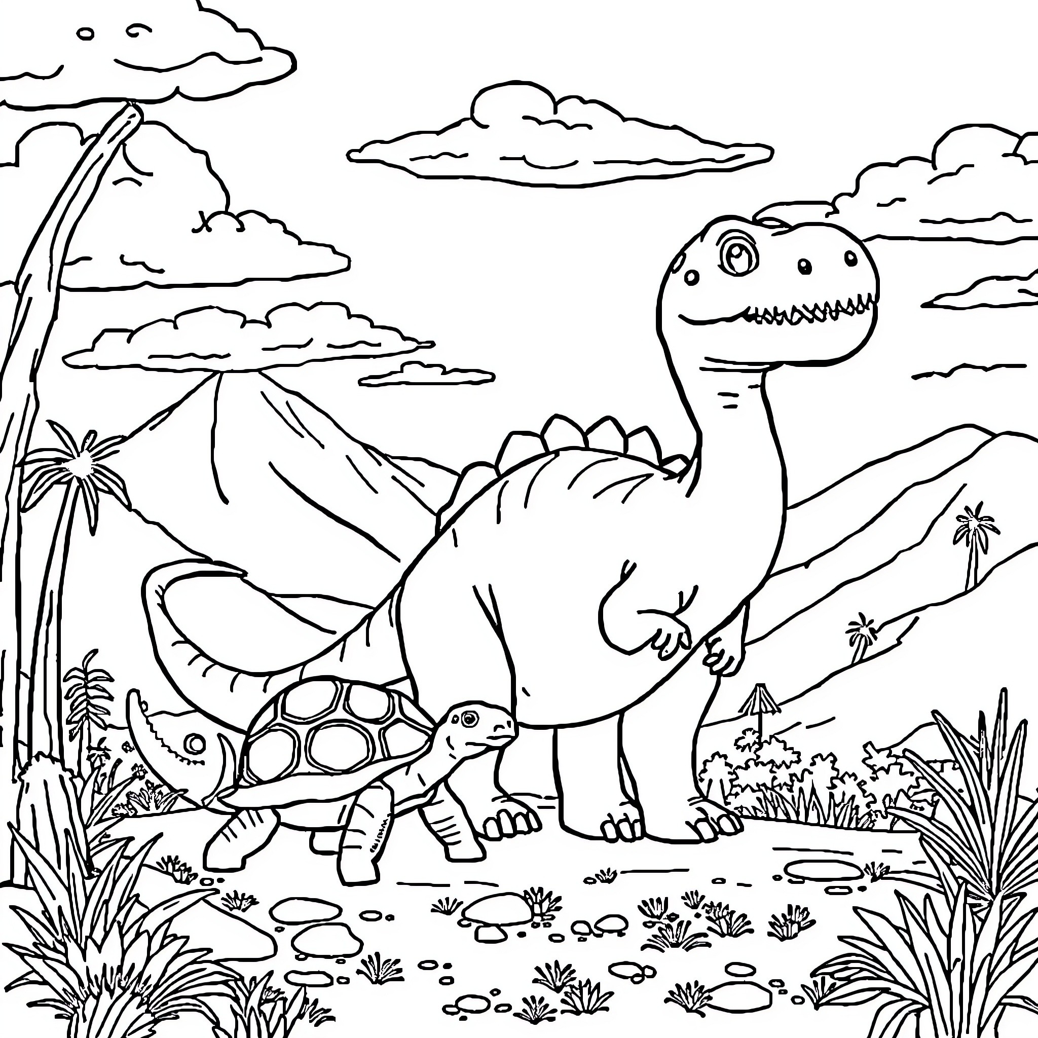 Dinosaurs exploring a lush prehistoric landscape Coloring Page (free black-and-white line drawing printable PDF for all, from beginners to advanced learners, including children, teens, adults, and seniors)