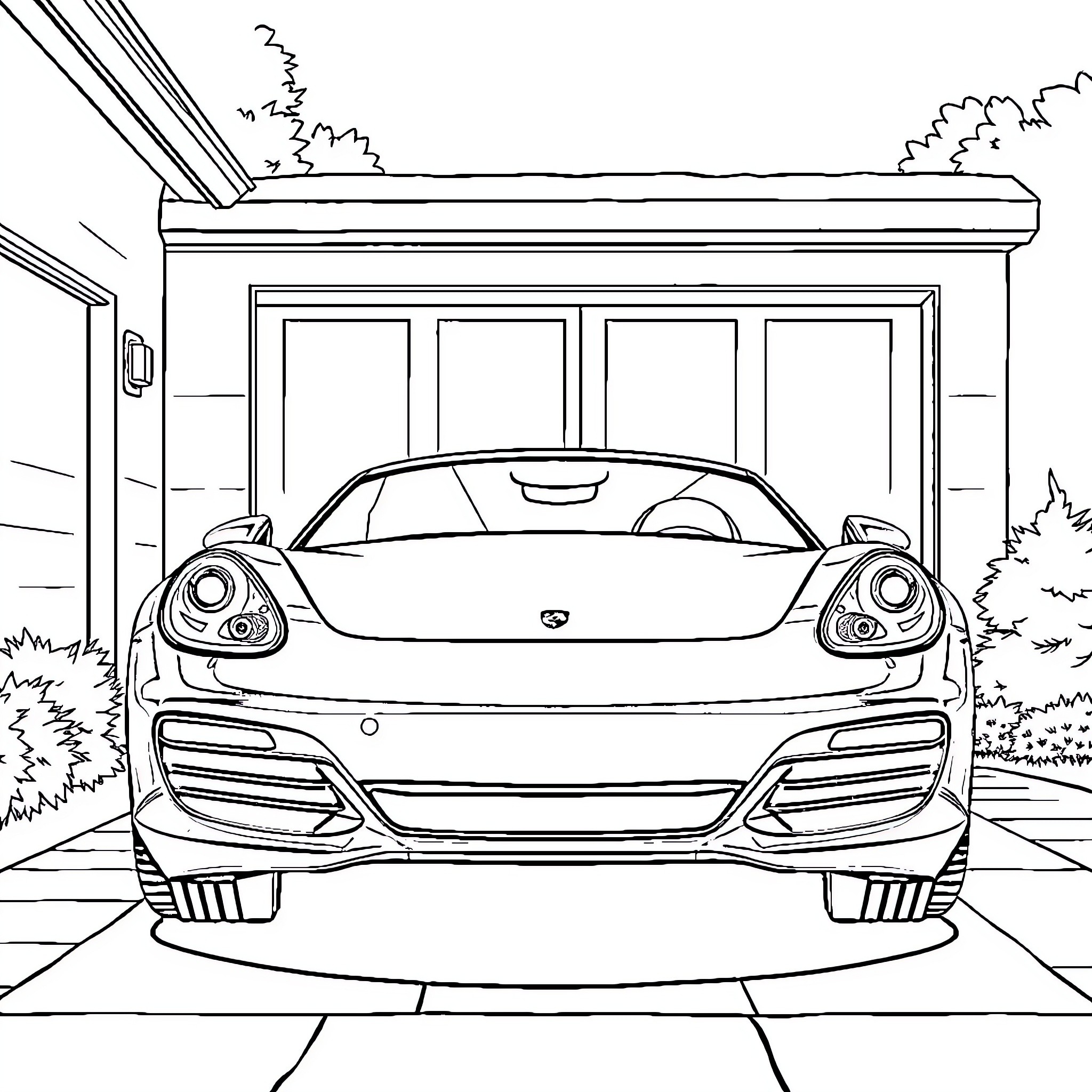 Car parked in front of garage with scenic view Coloring Page (free black-and-white line drawing printable PDF for all, from beginners to advanced learners, including children, teens, adults, and seniors)
