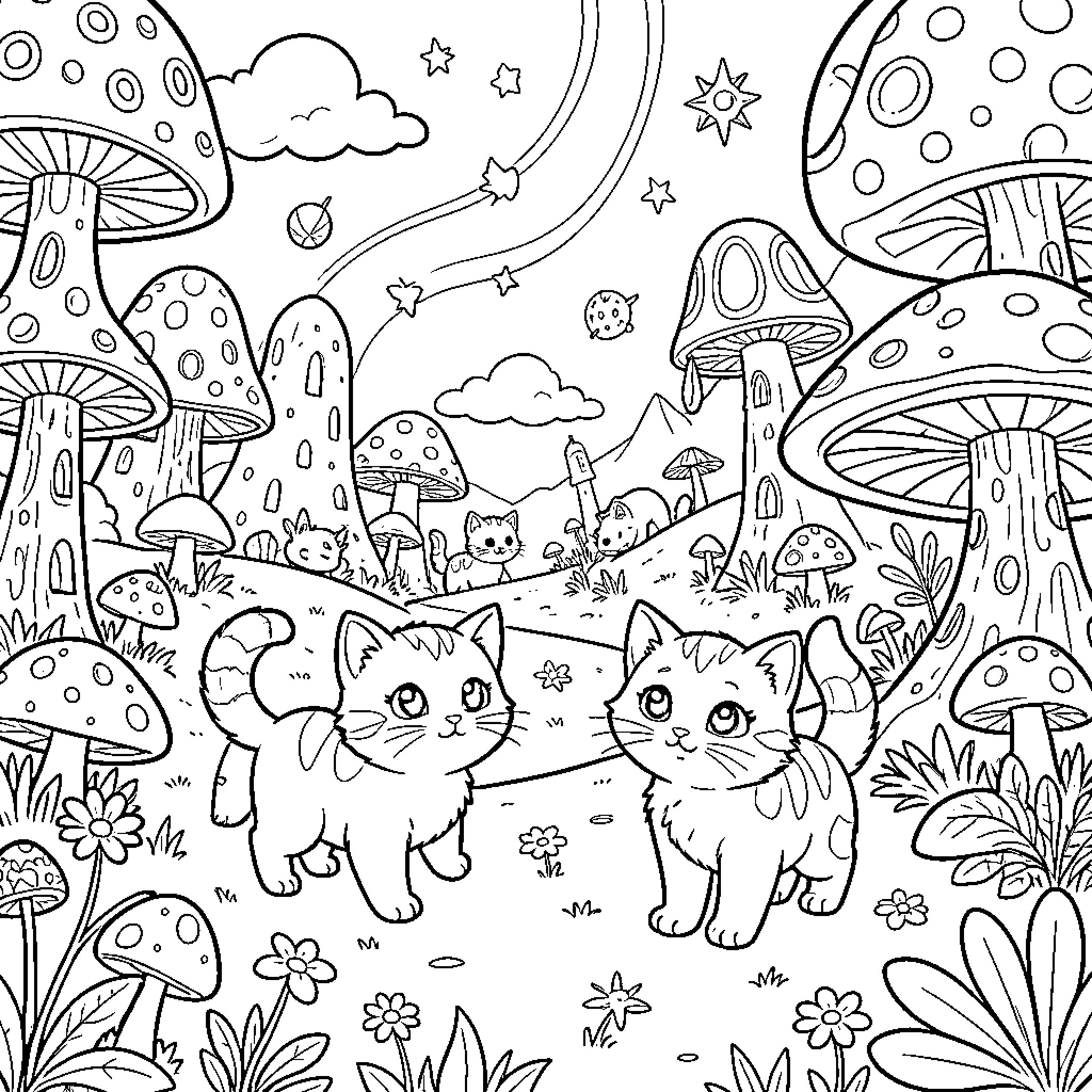 Kitten playing in a whimsical mushroom forest Coloring Page (free black-and-white line drawing printable PDF for all, from beginners to advanced learners, including children, teens, adults, and seniors)