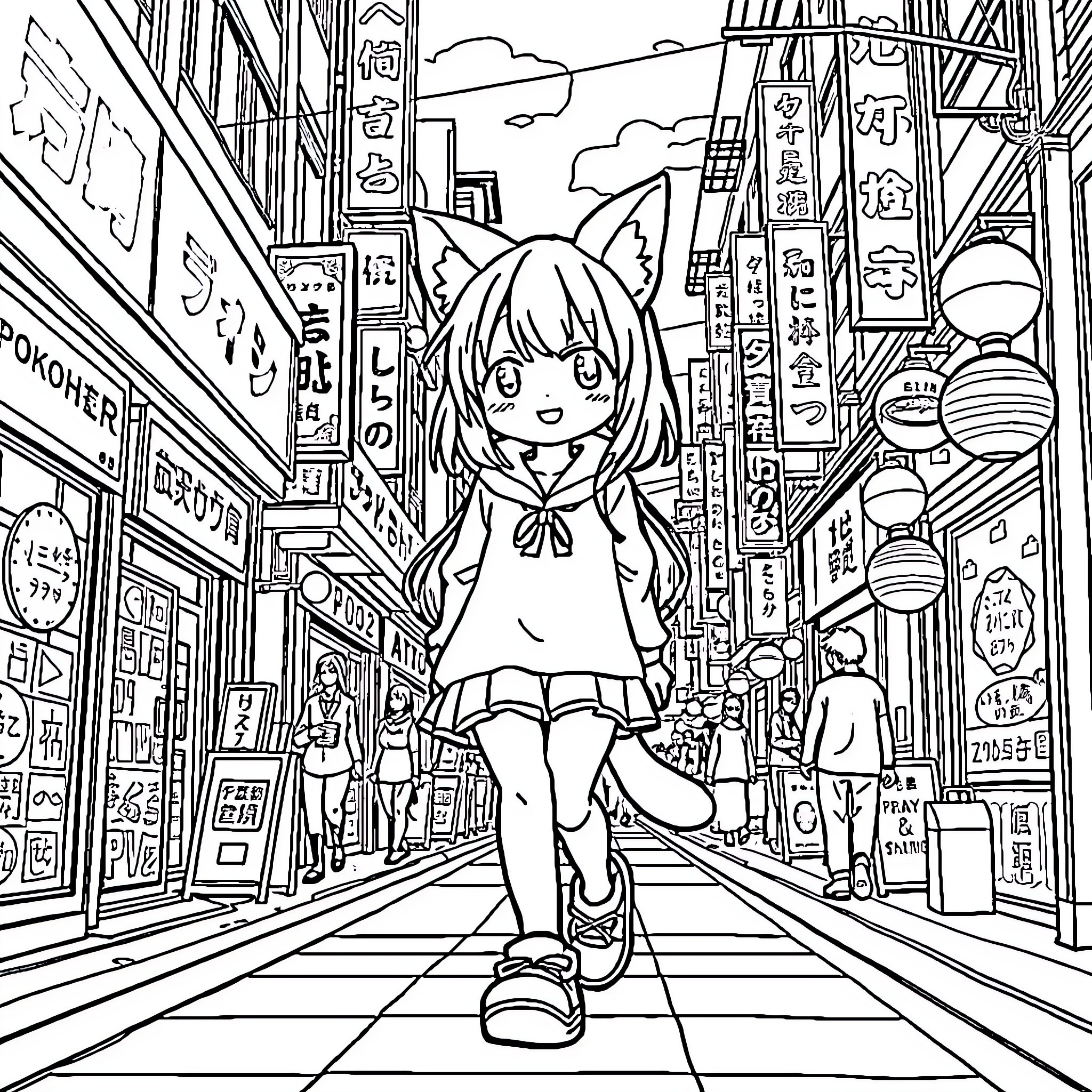 Anime Girl Exploring a Busy City Street Coloring Page (free black-and-white line drawing printable PDF for all, from beginners to advanced learners, including children, teens, adults, and seniors)
