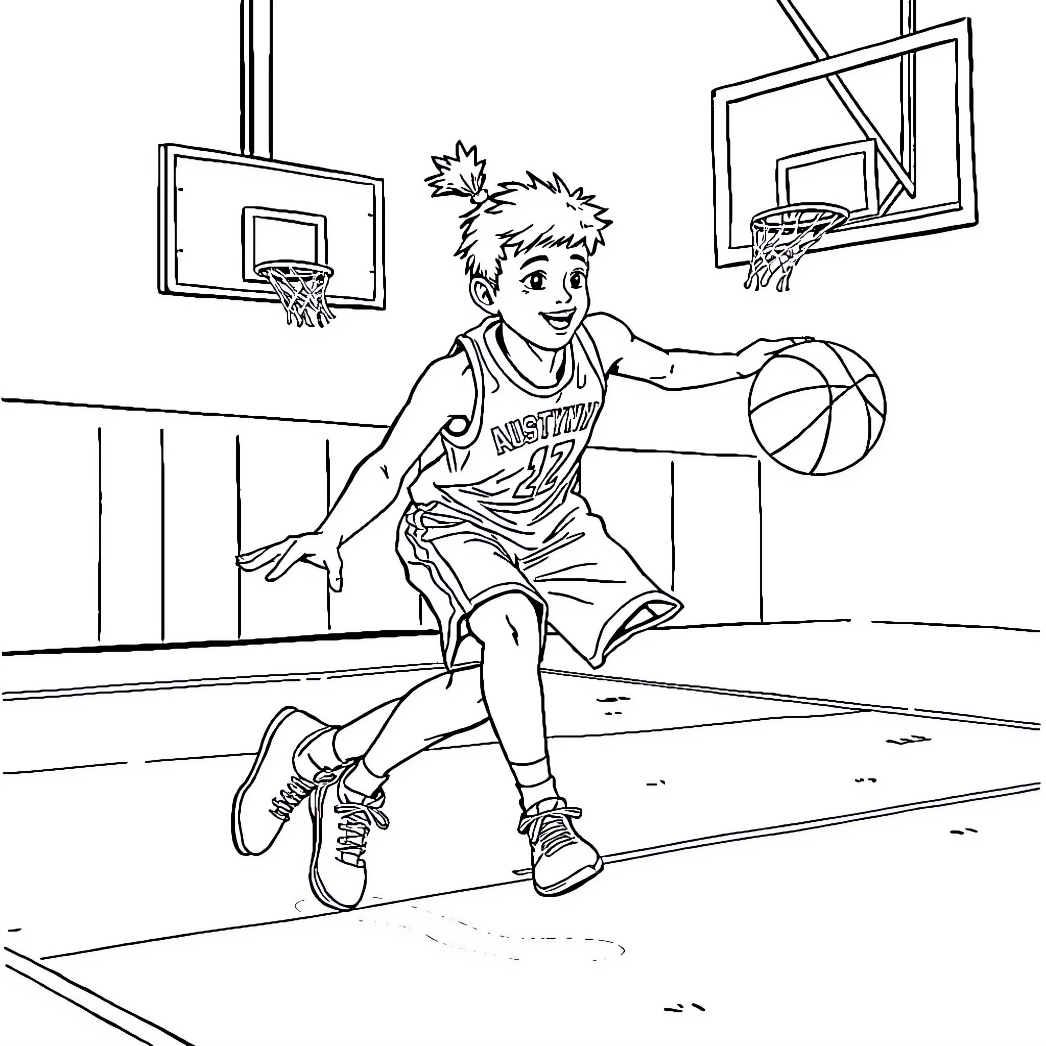 Basketball player in action on court Coloring Page (free black-and-white line drawing printable PDF for all, from beginners to advanced learners, including children, teens, adults, and seniors)