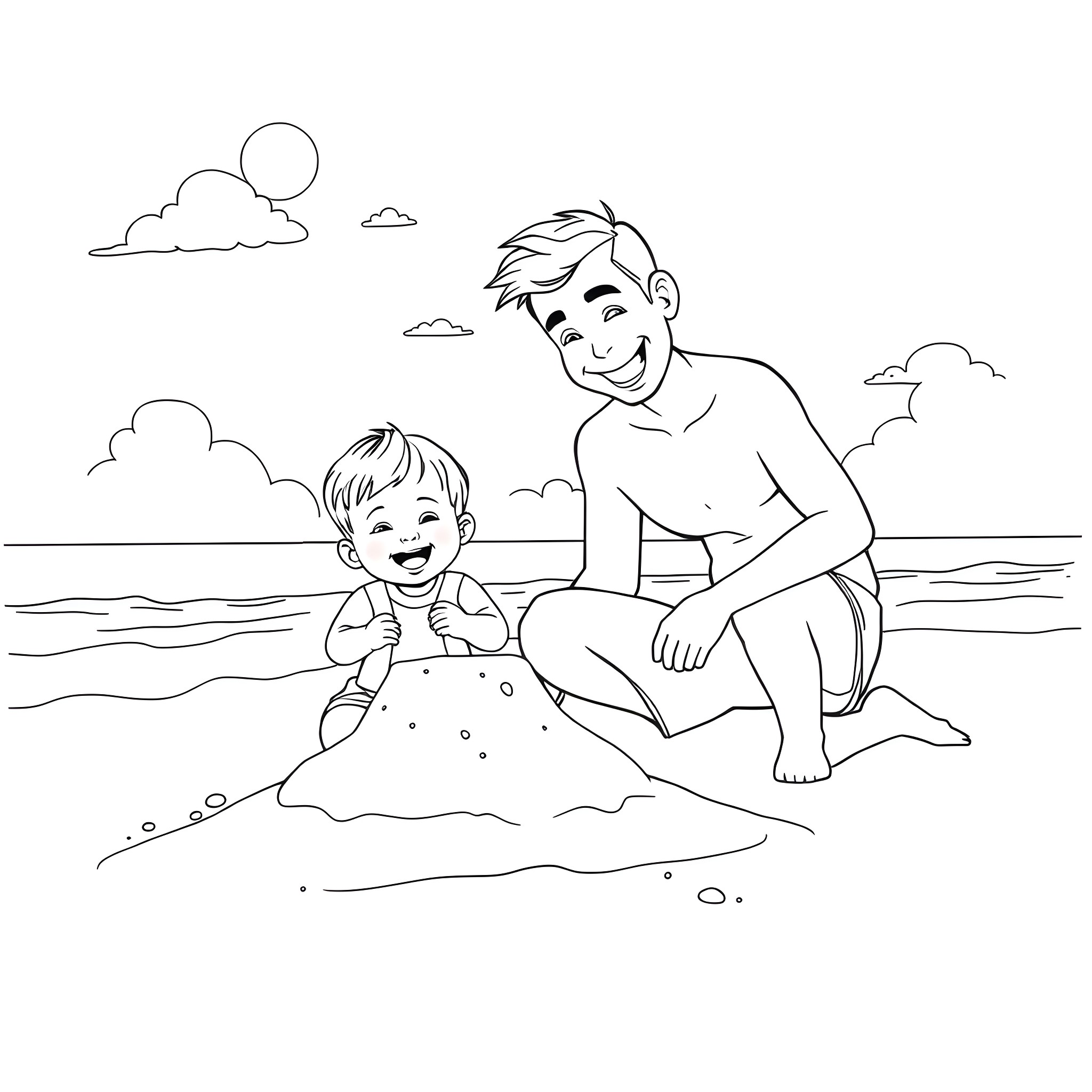 Daddy playing happily with child in the sand Coloring Page (free black-and-white line drawing printable PDF for all, from beginners to advanced learners, including children, teens, adults, and seniors)