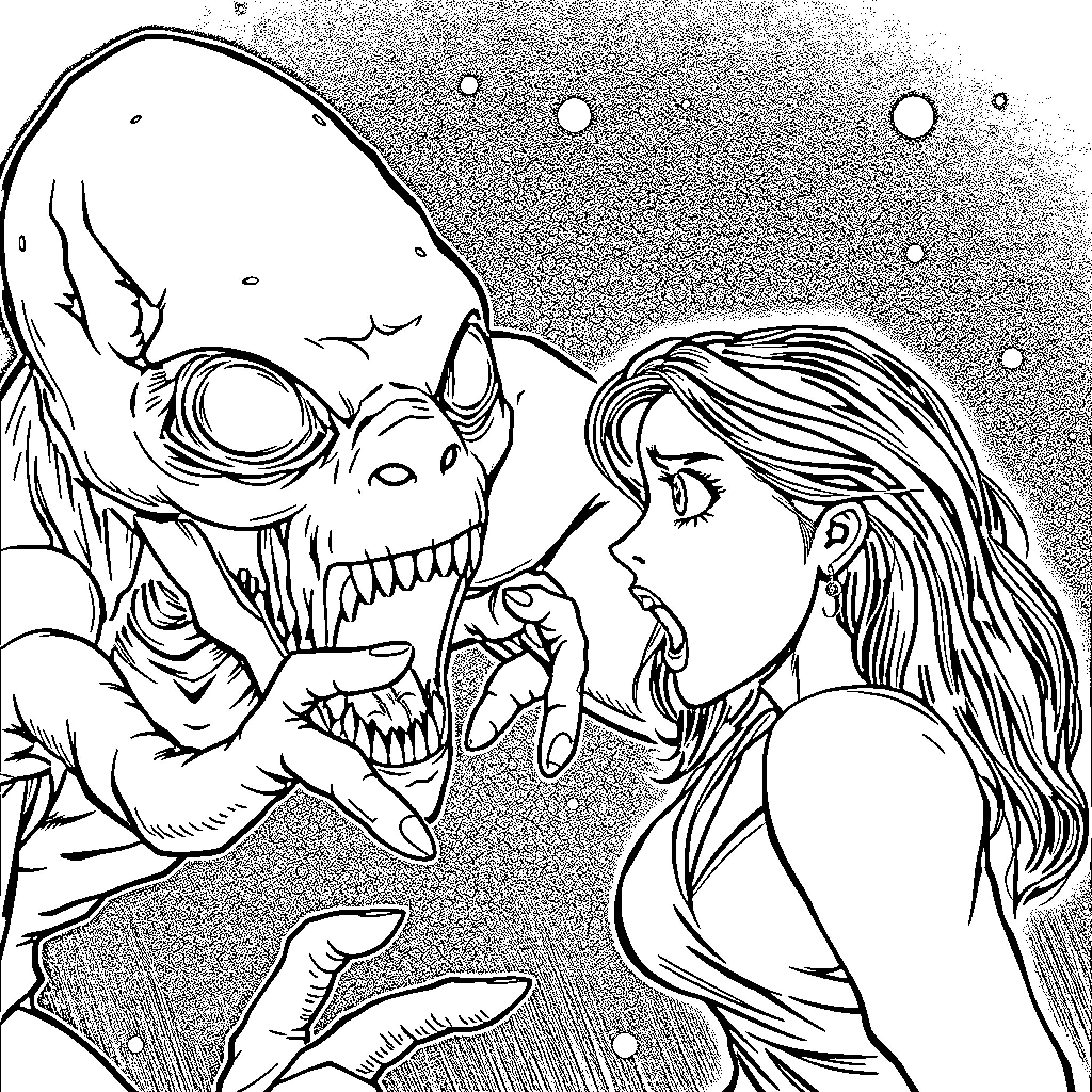 Woman confronted by terrifying monster Coloring Page (free black-and-white line drawing printable PDF for all, from beginners to advanced learners, including children, teens, adults, and seniors)
