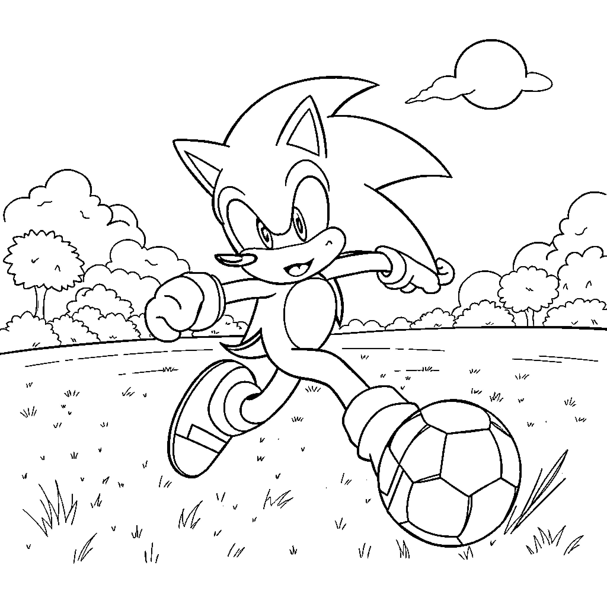 Sonic playing joyfully with a soccer ball outdoors Coloring Page (free black-and-white line drawing printable PDF for all, from beginners to advanced learners, including children, teens, adults, and seniors)