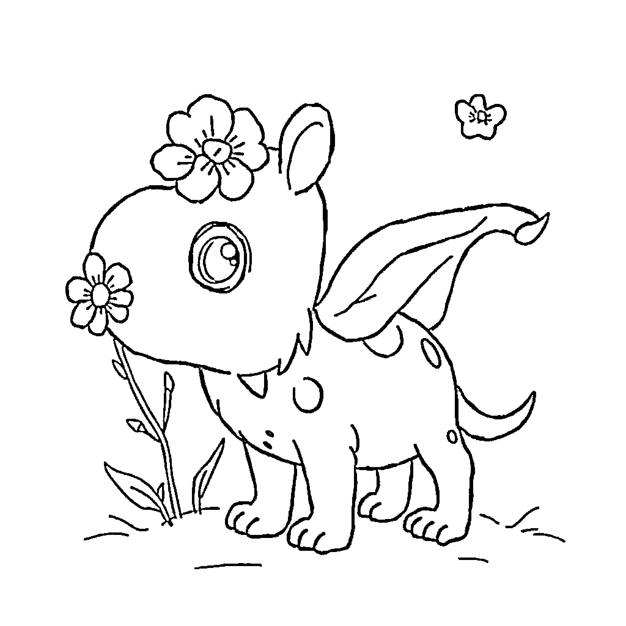 Books depicting a playful dog with flowers Coloring Page (free black-and-white line drawing printable PDF for all, from beginners to advanced learners, including children, teens, adults, and seniors)