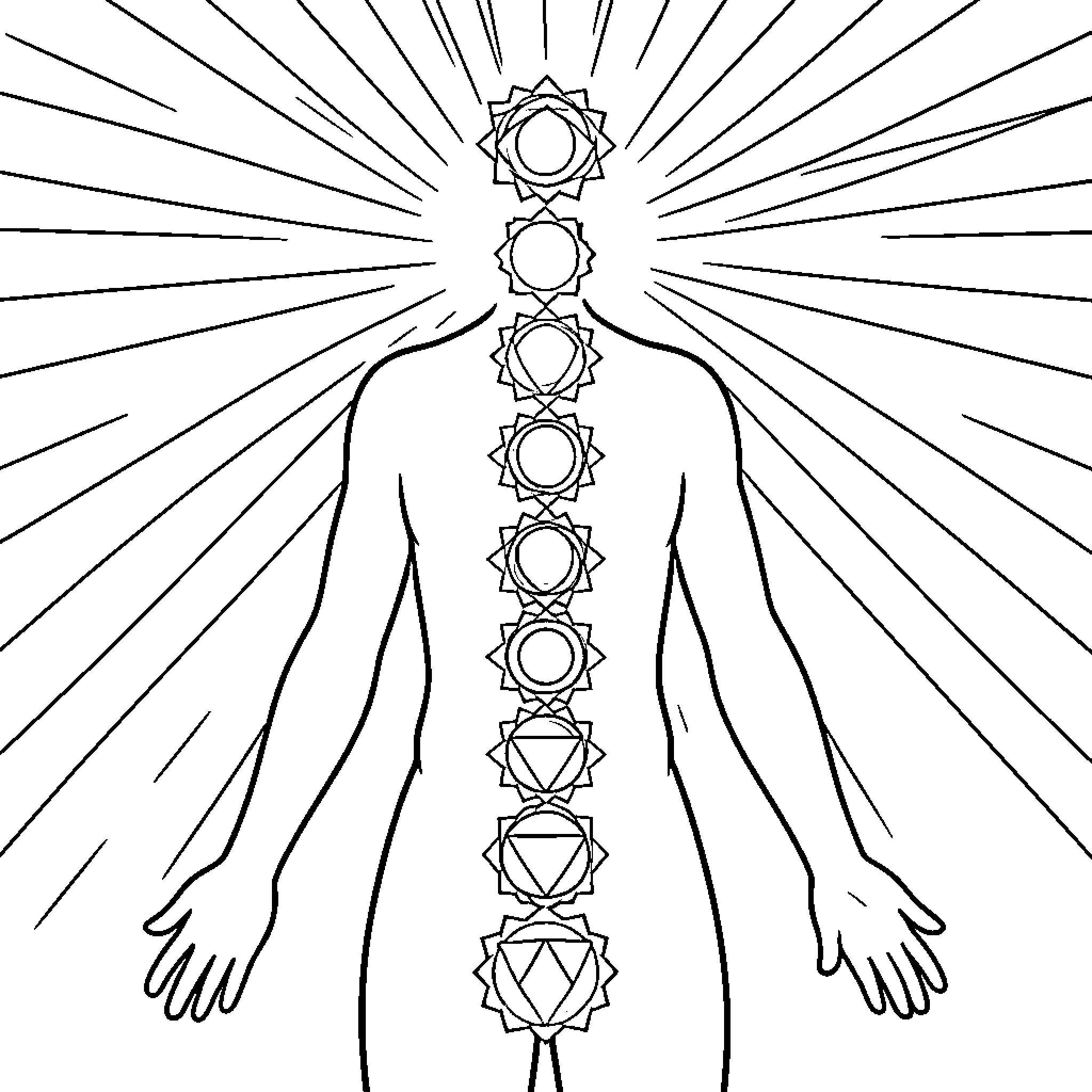 Chakra Alignment and Spiritual Awakening Coloring Page (free black-and-white line drawing printable PDF for all, from beginners to advanced learners, including children, teens, adults, and seniors)