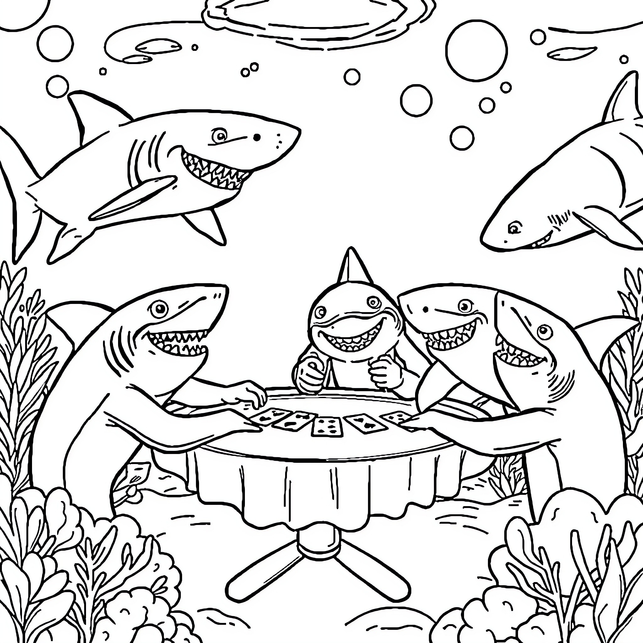 Shark playing cards under the sea Coloring Page (free black-and-white line drawing printable PDF for all, from beginners to advanced learners, including children, teens, adults, and seniors)