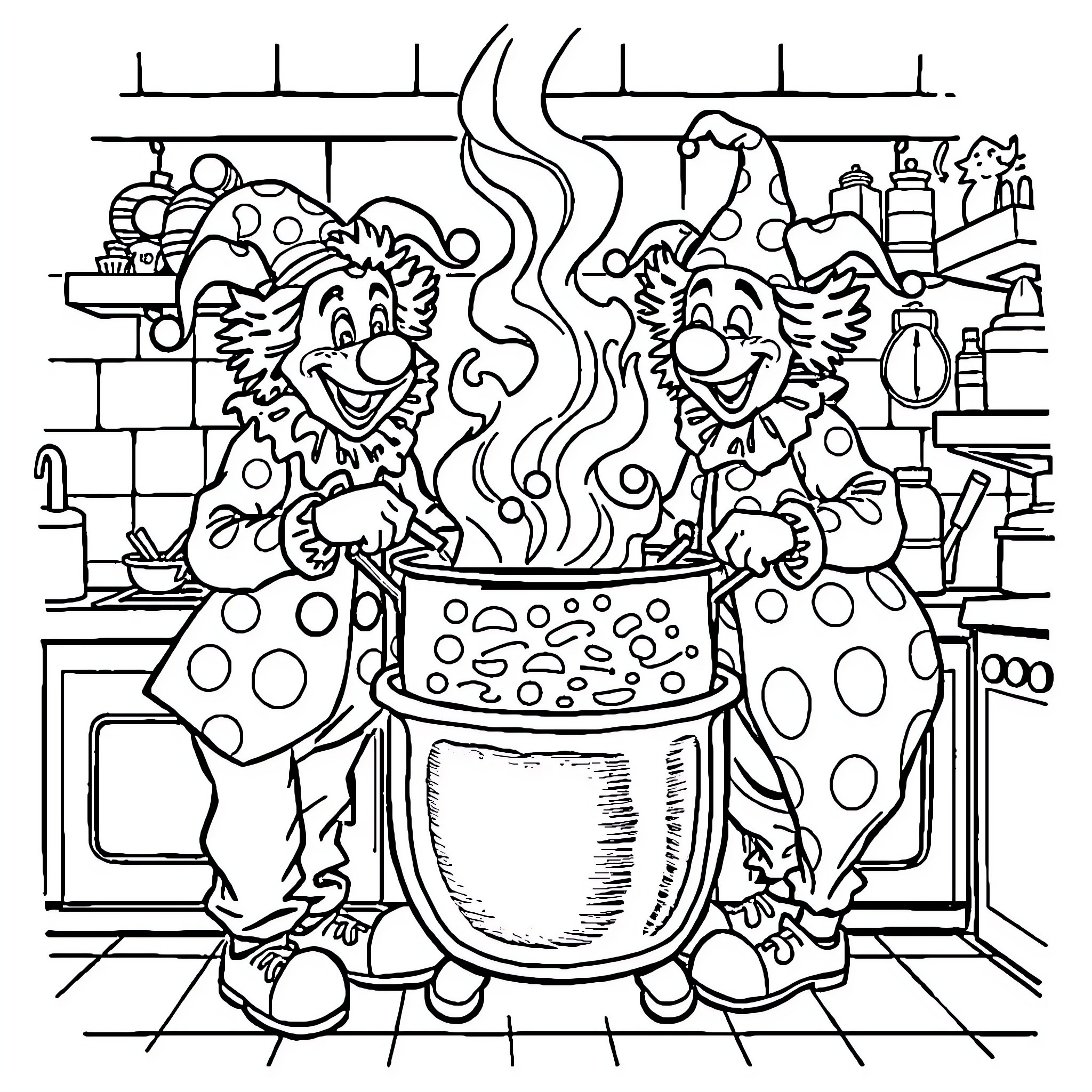 Clowns Cooking Up Fun in the Kitchen Coloring Page (free black-and-white line drawing printable PDF for all, from beginners to advanced learners, including children, teens, adults, and seniors)