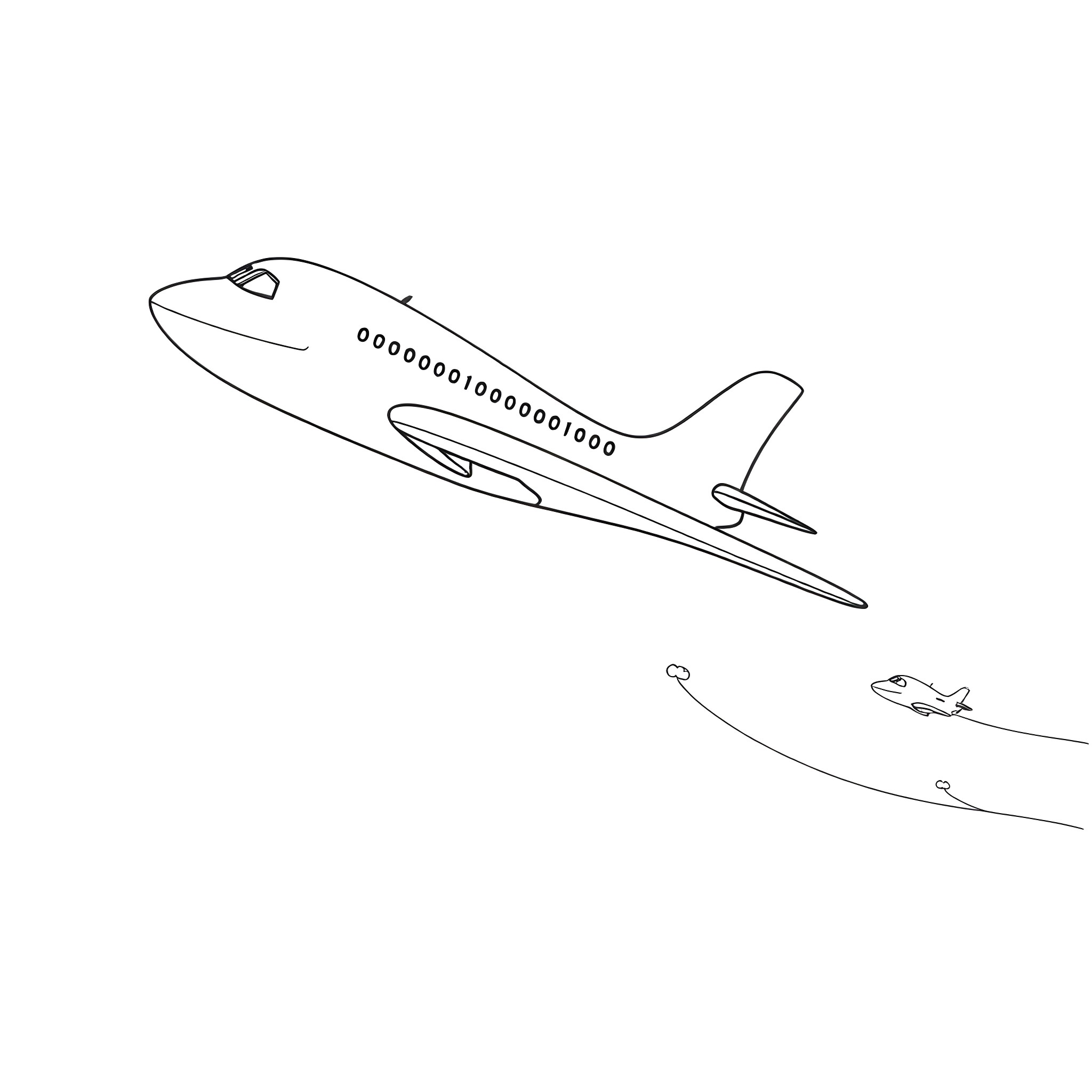 Airplane taking flight across the sky Coloring Page (free black-and-white line drawing printable PDF for all, from beginners to advanced learners, including children, teens, adults, and seniors)