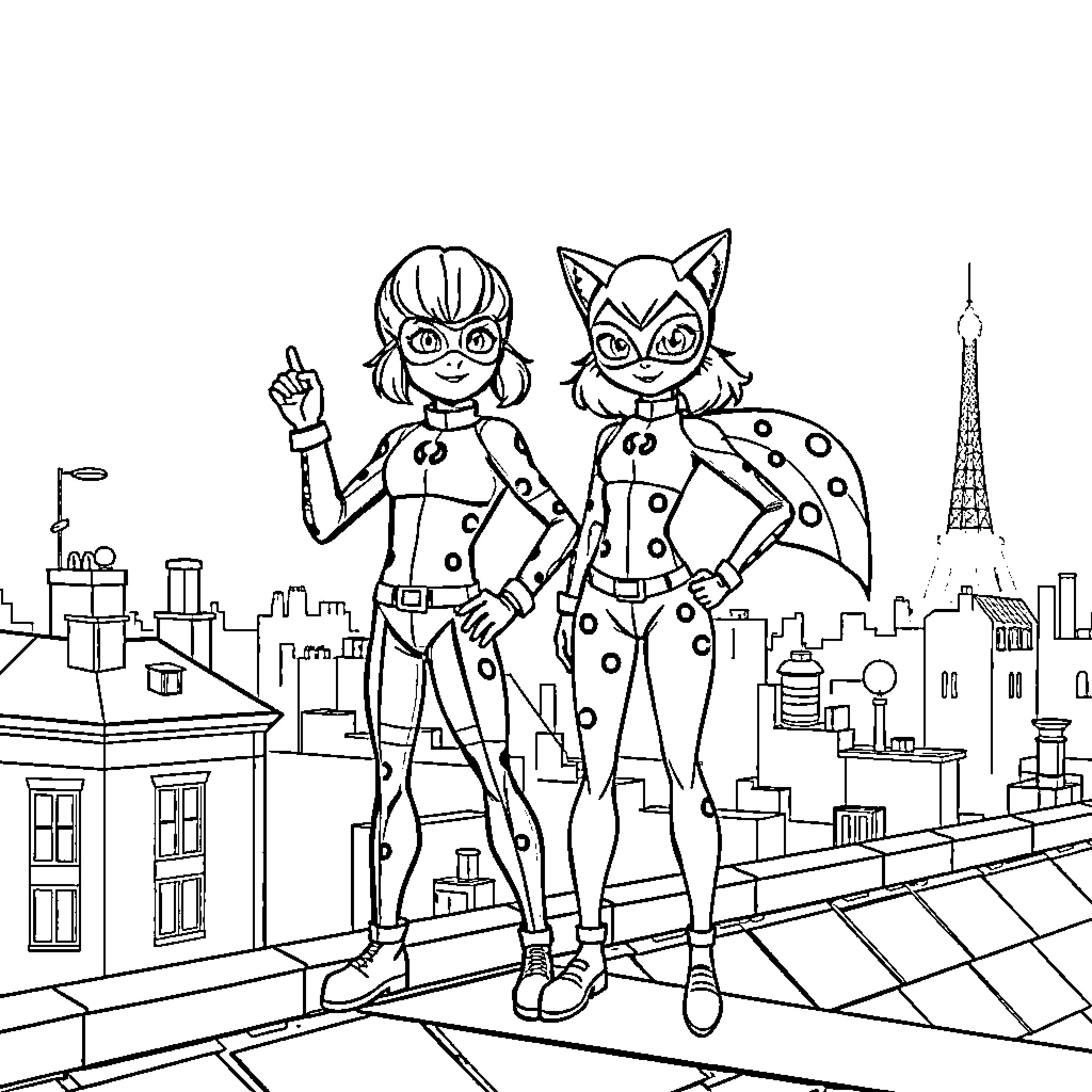 Ladybug superheroes overlooking the city skyline Coloring Page (free black-and-white line drawing printable PDF for all, from beginners to advanced learners, including children, teens, adults, and seniors)