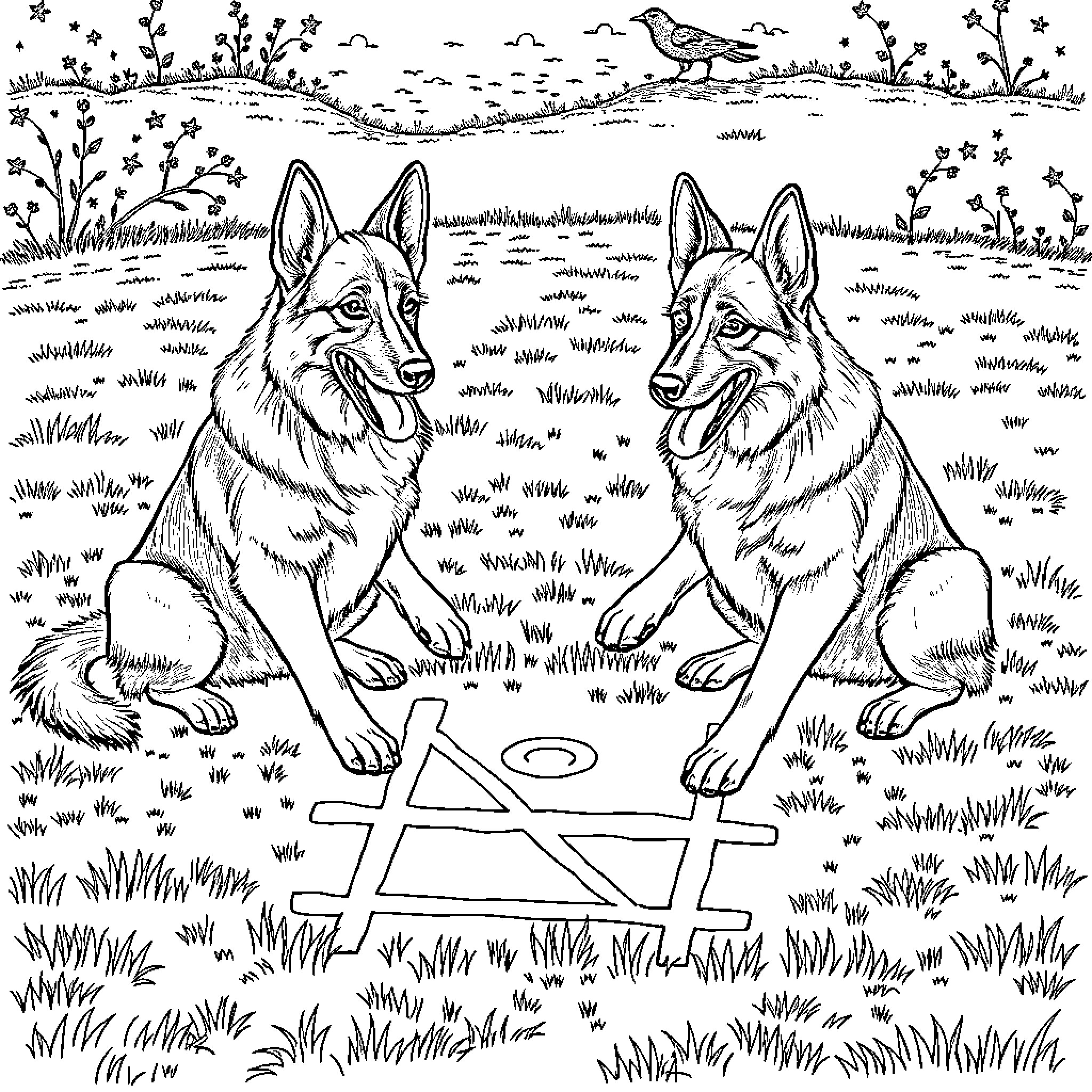 German Shepherd dogs playing in a serene landscape Coloring Page (free black-and-white line drawing printable PDF for all, from beginners to advanced learners, including children, teens, adults, and seniors)
