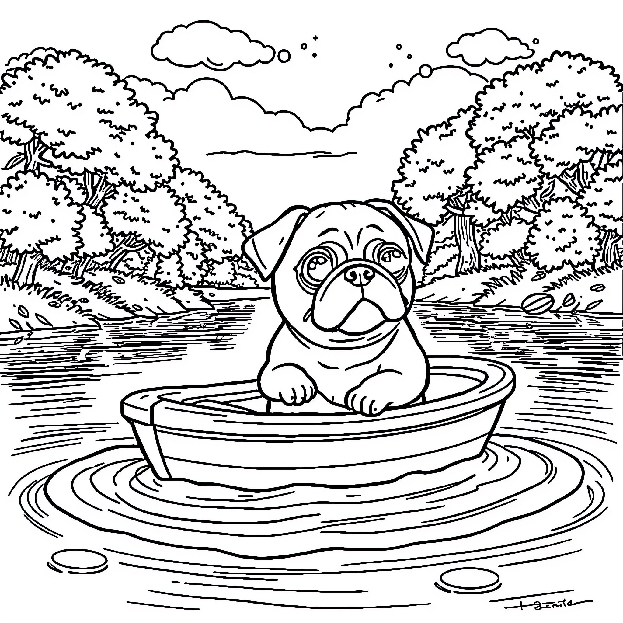 Pug relaxing in a pond surrounded by nature Coloring Page (free black-and-white line drawing printable PDF for all, from beginners to advanced learners, including children, teens, adults, and seniors)