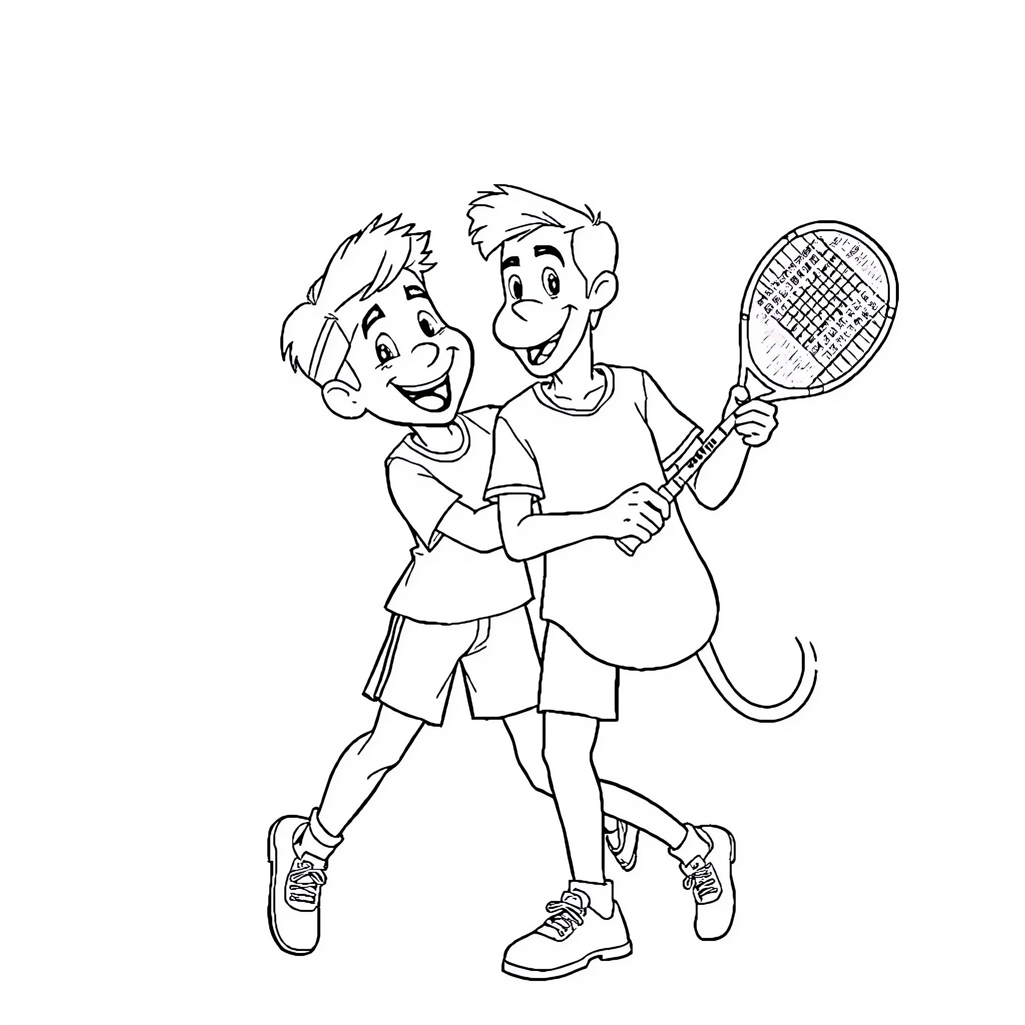 Federer and friend playing tennis enthusiastically Coloring Page (free black-and-white line drawing printable PDF for all, from beginners to advanced learners, including children, teens, adults, and seniors)