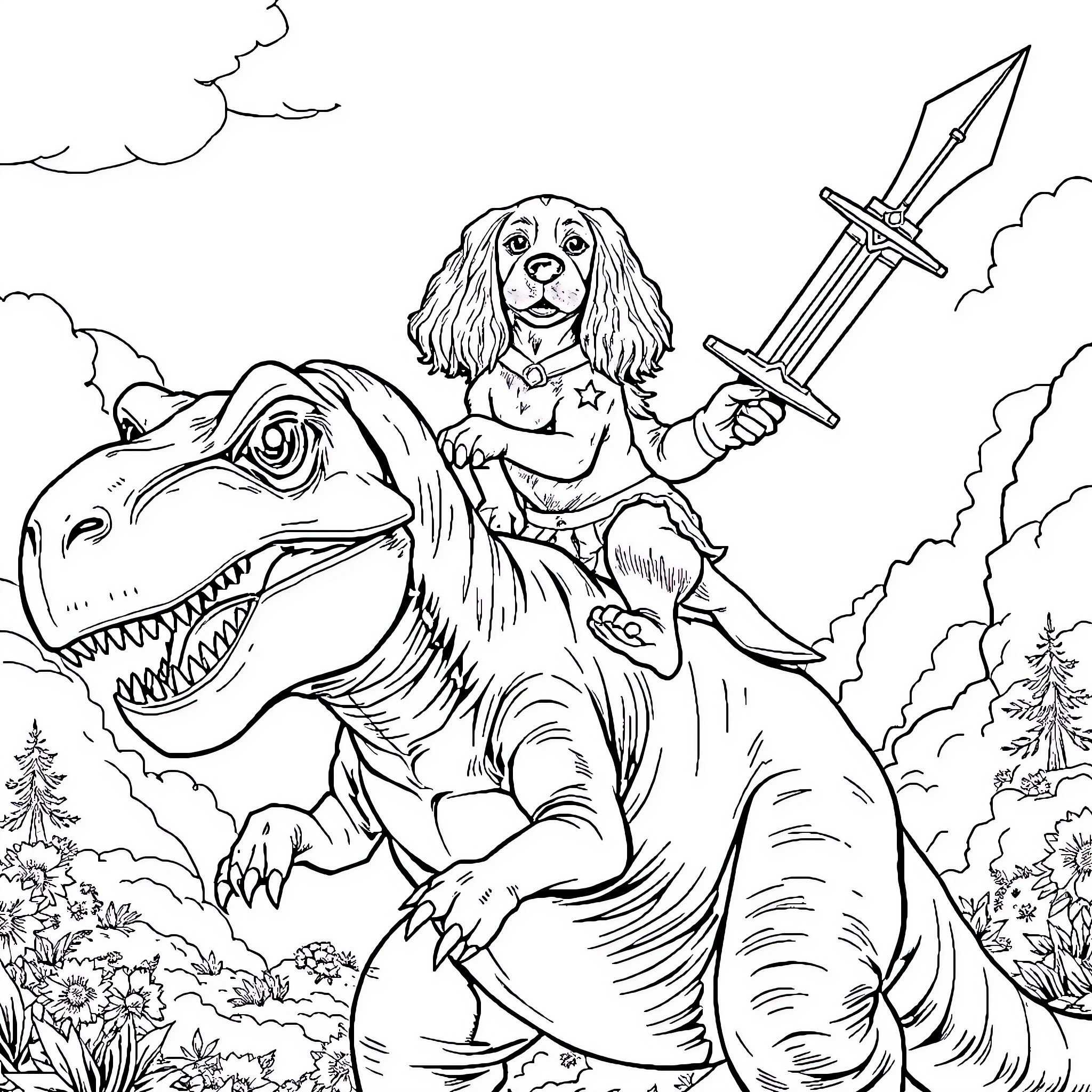 Cavalier King Charles Spaniel Riding a Fierce Dinosaur Coloring Page (free black-and-white line drawing printable PDF for all, from beginners to advanced learners, including children, teens, adults, and seniors)