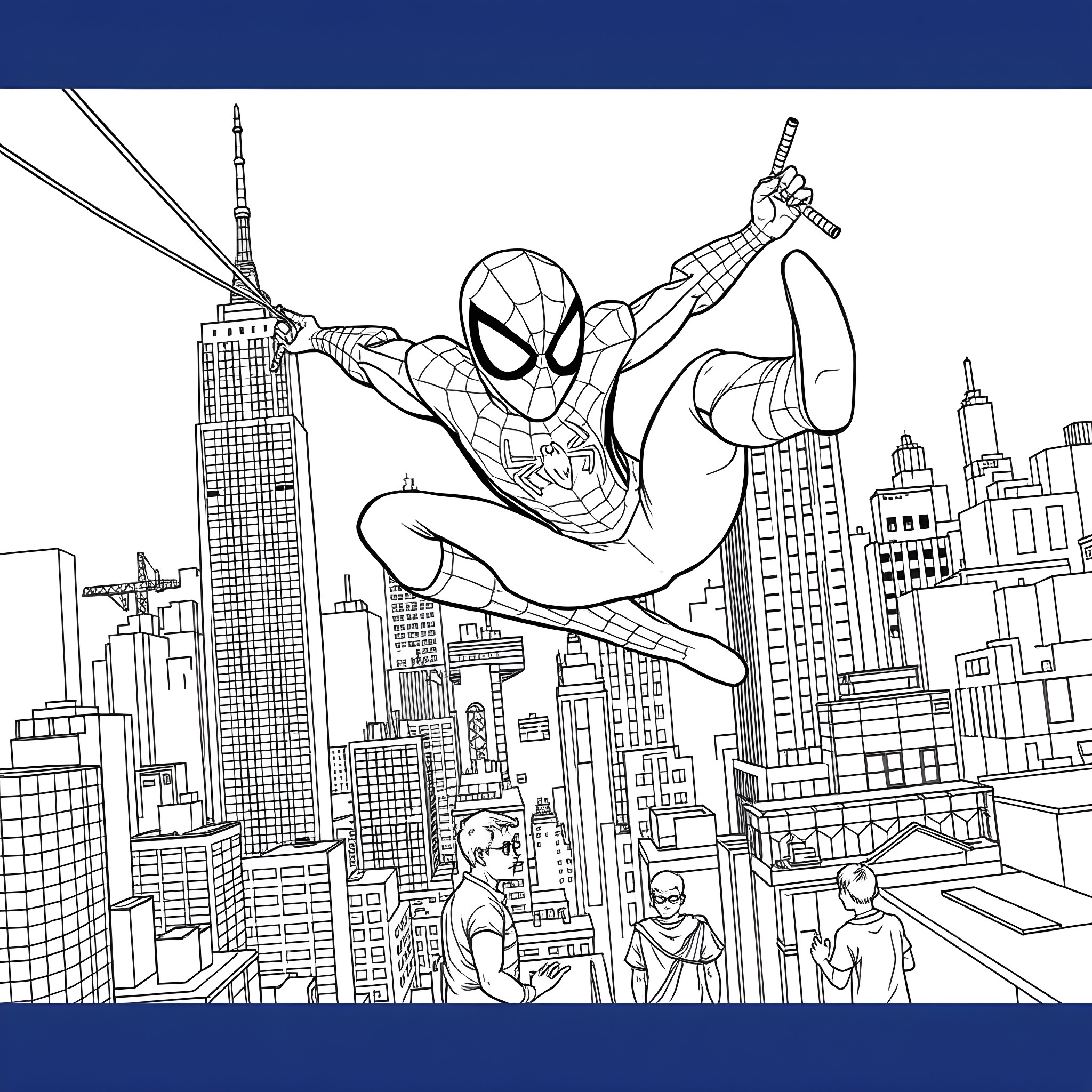 Spiderman swinging heroically over the city skyline Coloring Page (free black-and-white line drawing printable PDF for all, from beginners to advanced learners, including children, teens, adults, and seniors)