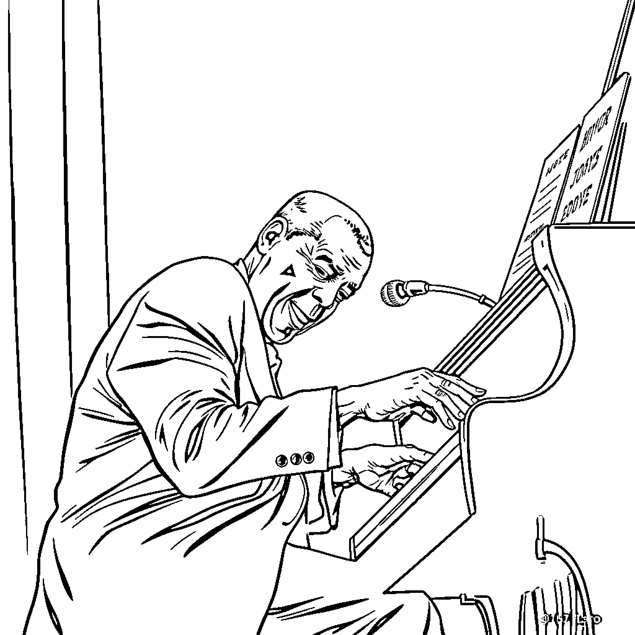 Oscar Peterson playing piano passionately on stage Coloring Page (free black-and-white line drawing printable PDF for all, from beginners to advanced learners, including children, teens, adults, and seniors)
