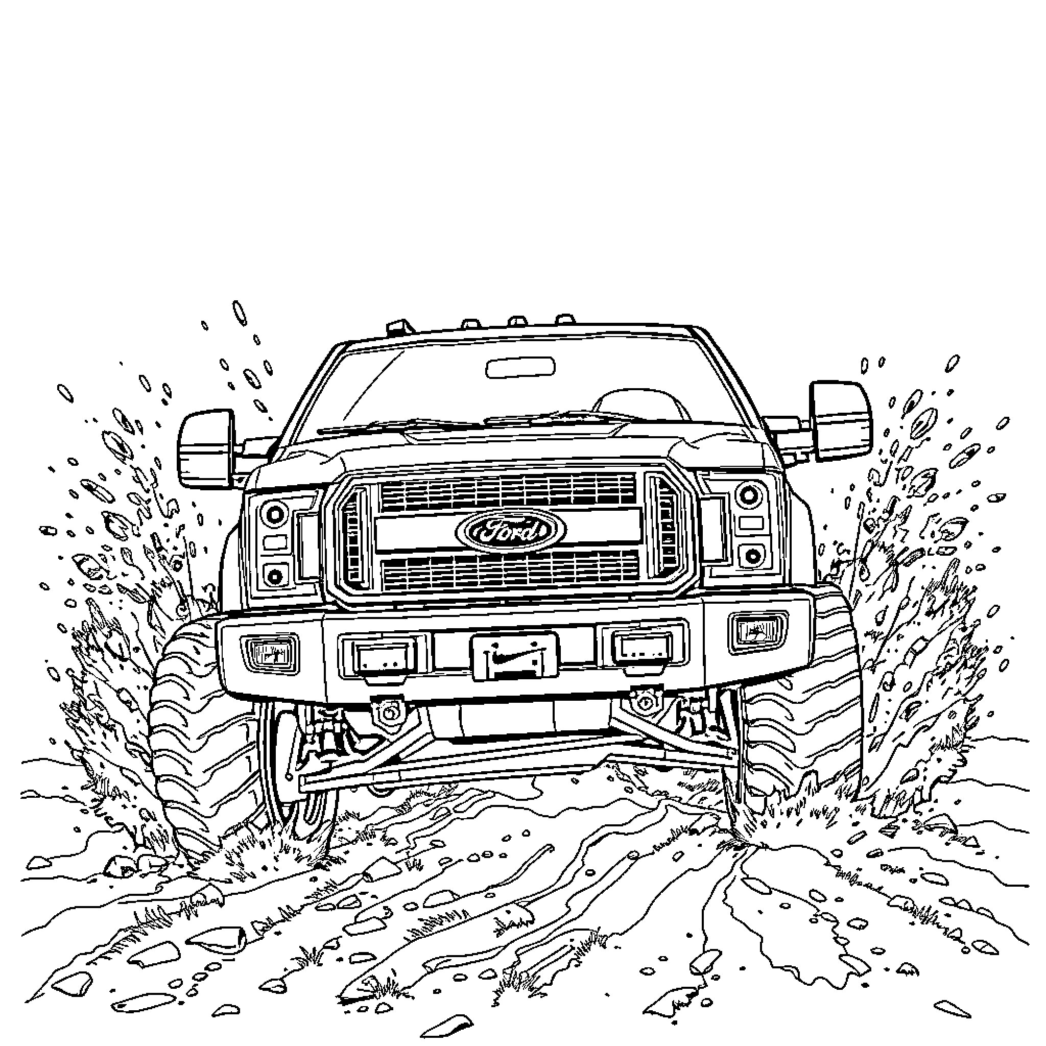 Ford Truck splashing through muddy terrain Coloring Page (free black-and-white line drawing printable PDF for all, from beginners to advanced learners, including children, teens, adults, and seniors)
