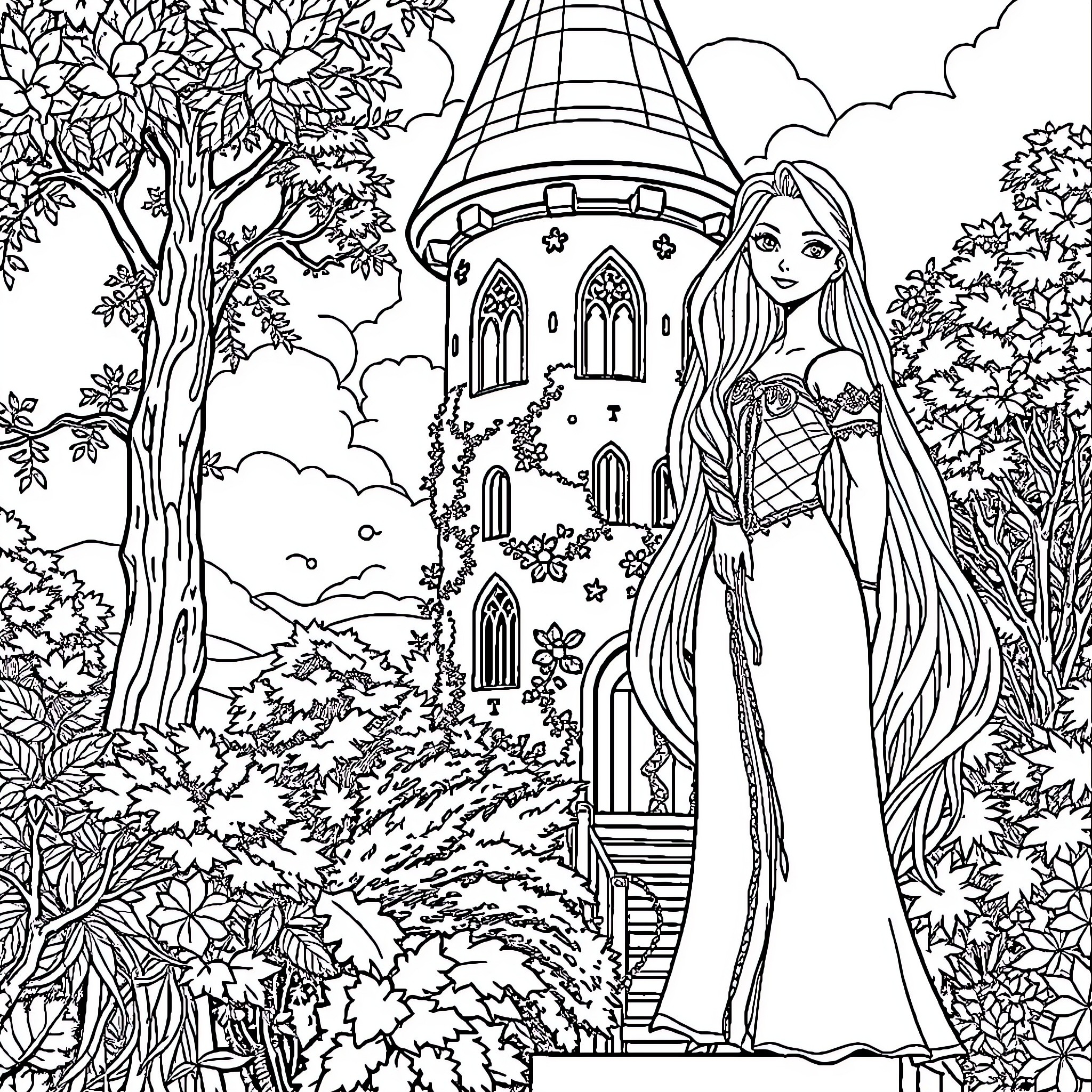 Rapunzel admiring the enchanted castle in the forest Coloring Page (free black-and-white line drawing printable PDF for all, from beginners to advanced learners, including children, teens, adults, and seniors)
