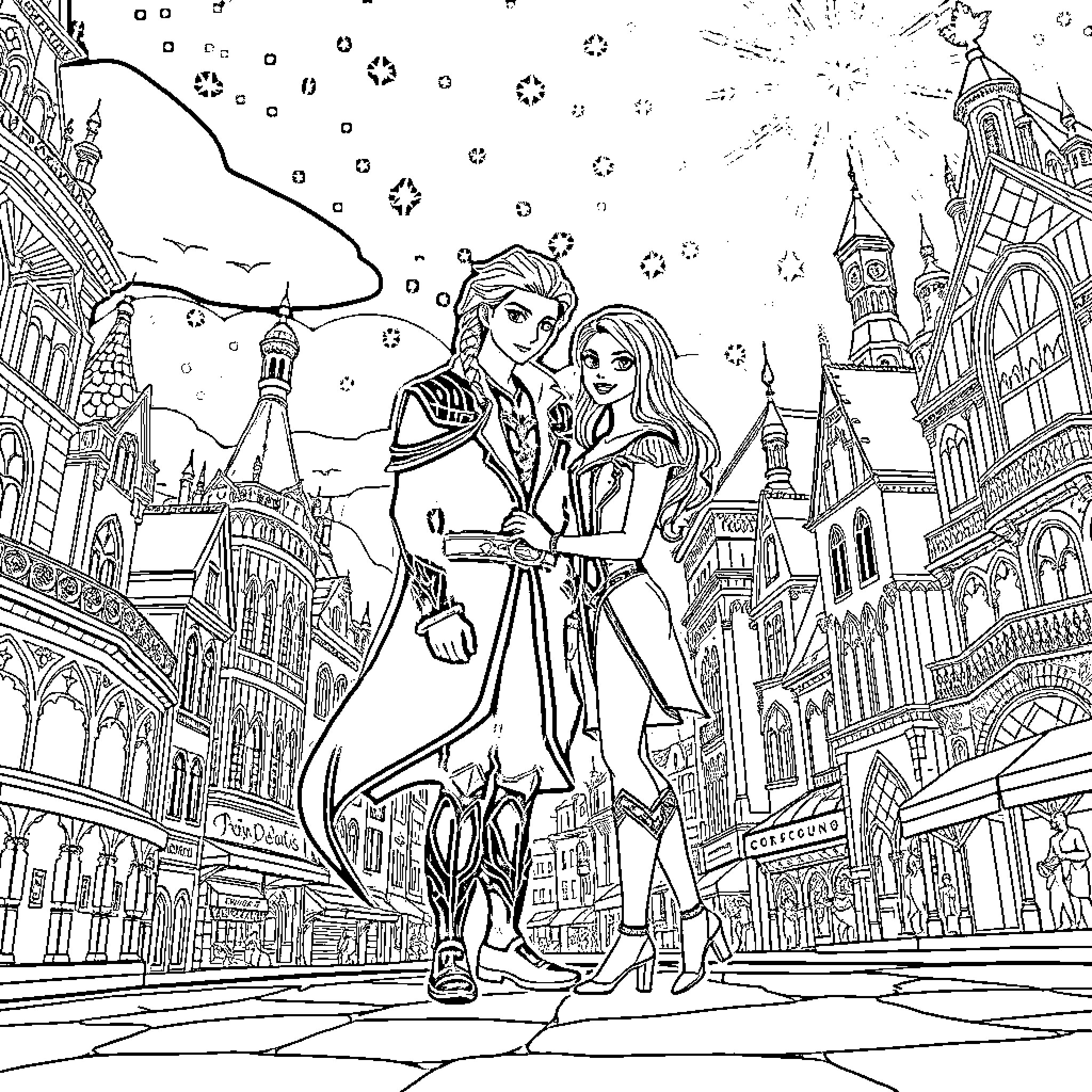 Feyre and Elain strolling through the enchanted city Coloring Page (free black-and-white line drawing printable PDF for all, from beginners to advanced learners, including children, teens, adults, and seniors)