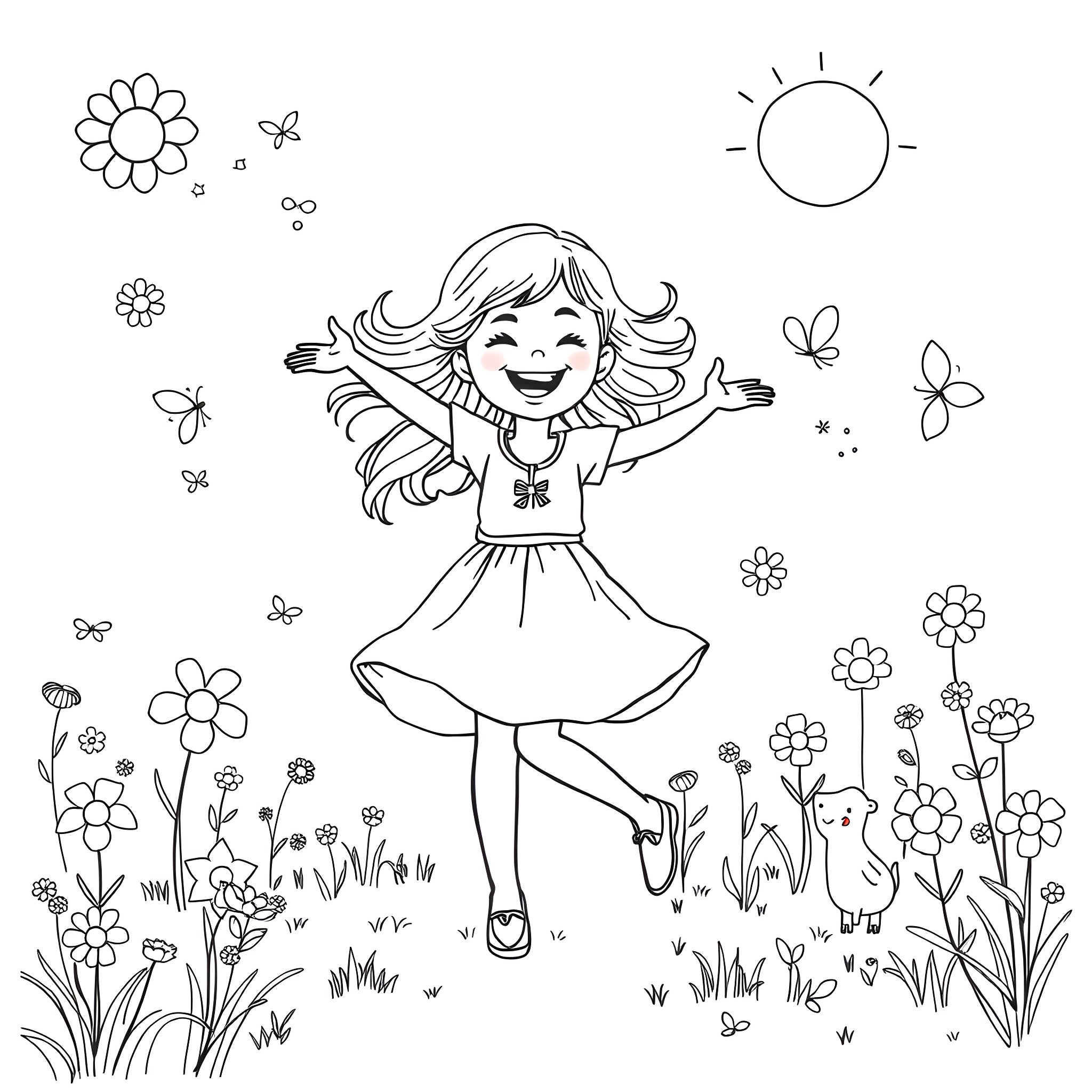 Girl joyfully dancing in a flower field Coloring Page (free black-and-white line drawing printable PDF for all, from beginners to advanced learners, including children, teens, adults, and seniors)