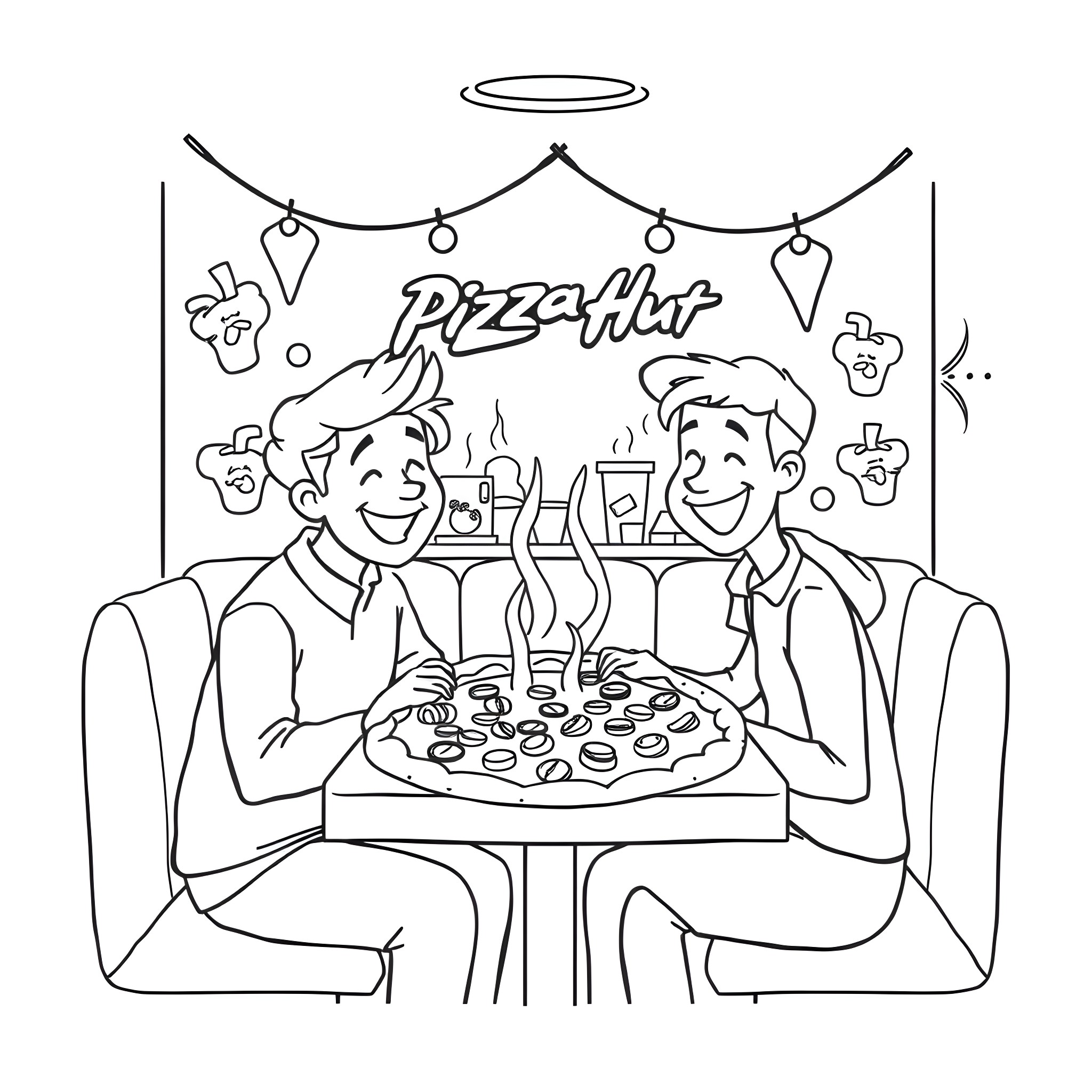 Pizza Hut: Two friends enjoying a hot pizza together Coloring Page (free black-and-white line drawing printable PDF for all, from beginners to advanced learners, including children, teens, adults, and seniors)
