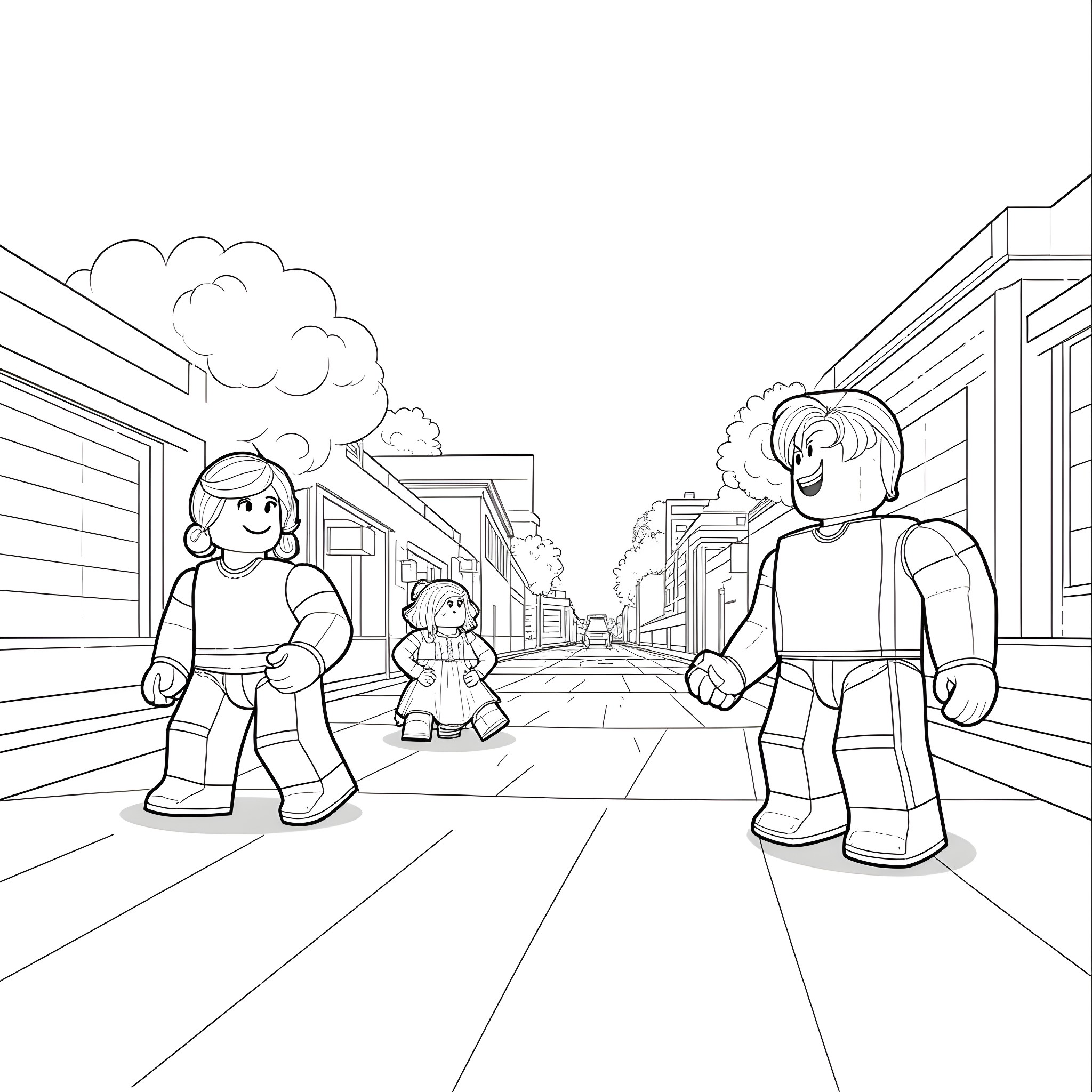Roblox characters in an urban street scene Coloring Page (free black-and-white line drawing printable PDF for all, from beginners to advanced learners, including children, teens, adults, and seniors)