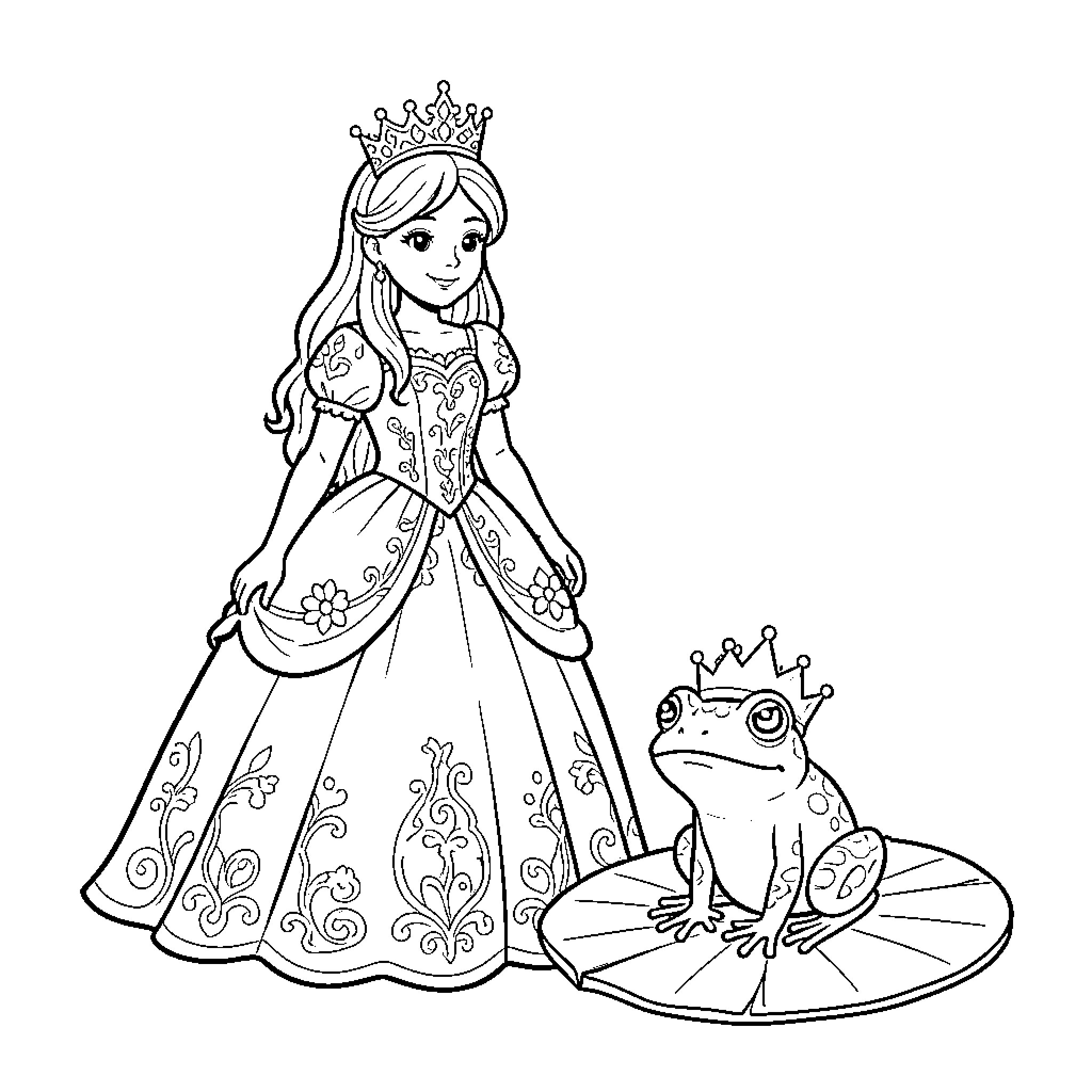 Princess in Ornate Dress Meets Frog Prince Coloring Page (free black-and-white line drawing printable PDF for all, from beginners to advanced learners, including children, teens, adults, and seniors)