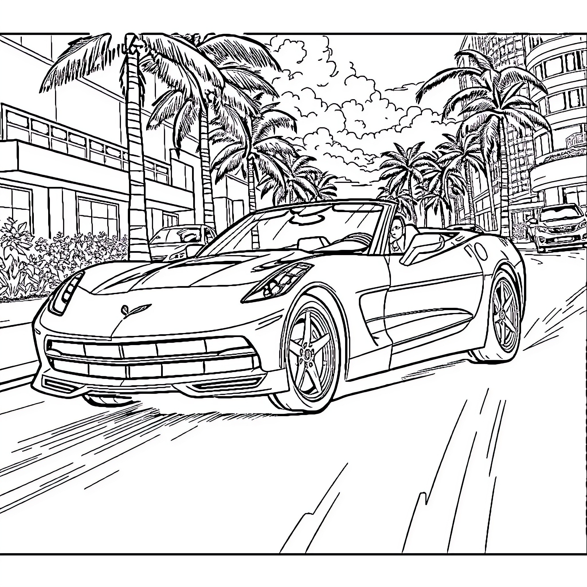 Corvette speeding through a tropical city Coloring Page (free black-and-white line drawing printable PDF for all, from beginners to advanced learners, including children, teens, adults, and seniors)