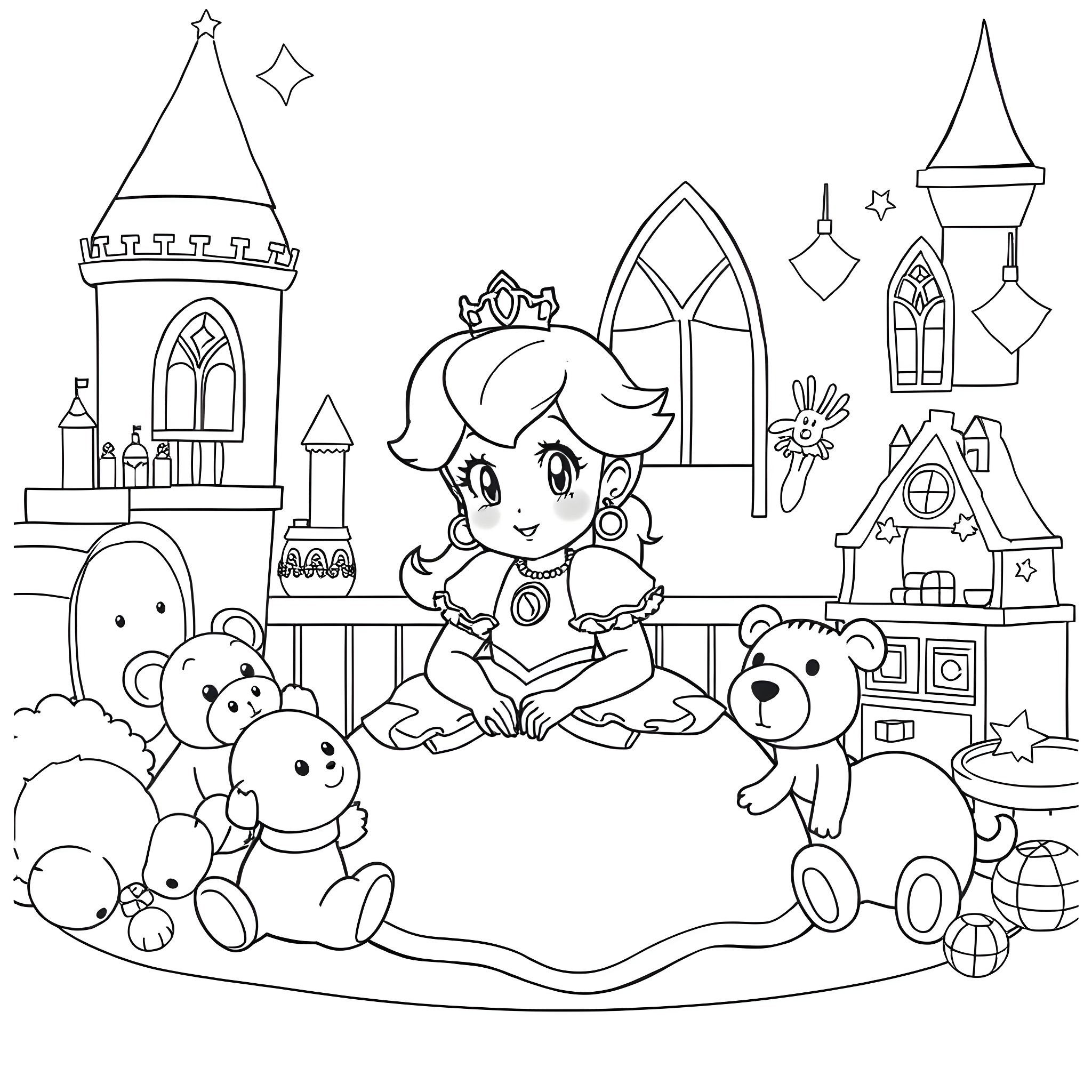 Princess Peach playing with plush toys in a fairytale castle scene Coloring Page (free black-and-white line drawing printable PDF for all, from beginners to advanced learners, including children, teens, adults, and seniors)