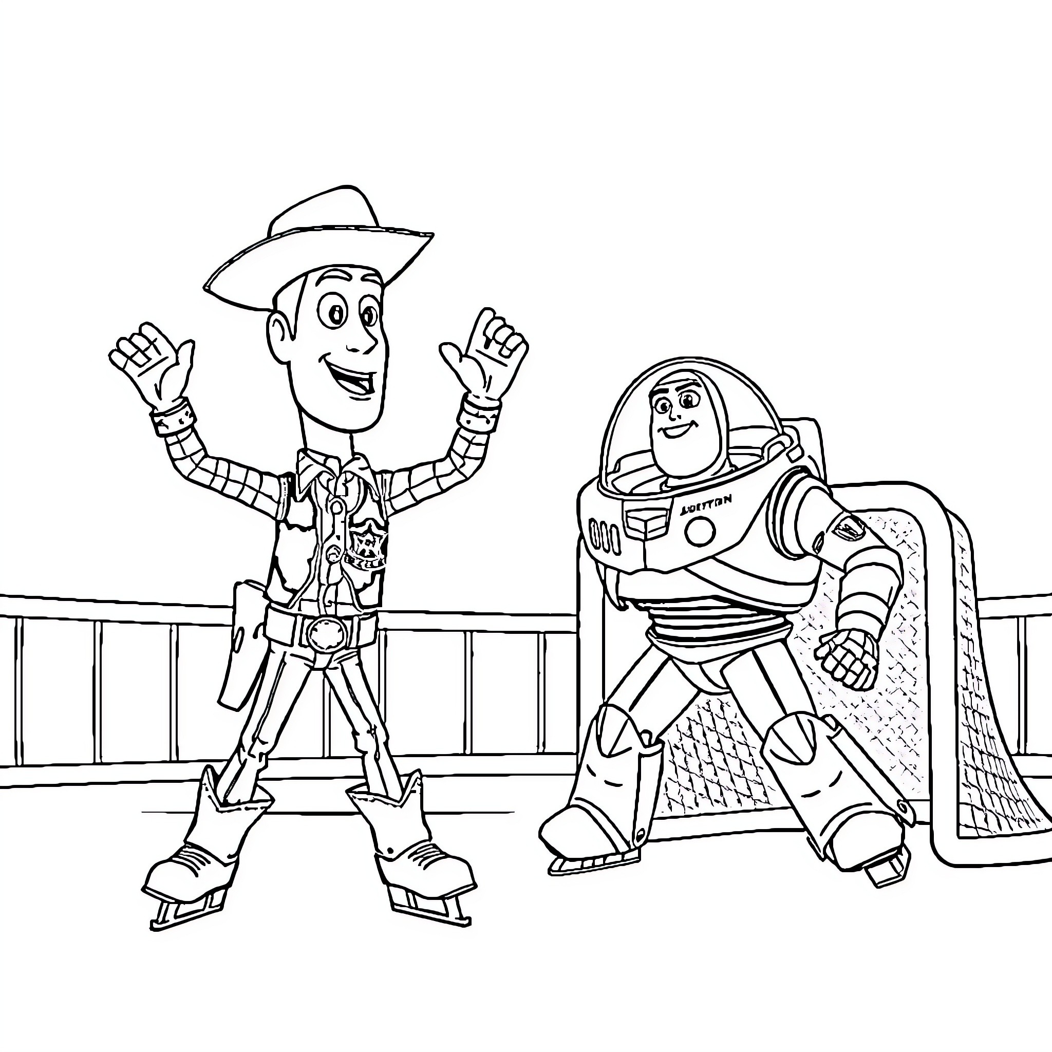 Sheriff Woody and Buzz Lightyear in action adventure Coloring Page (free black-and-white line drawing printable PDF for all, from beginners to advanced learners, including children, teens, adults, and seniors)