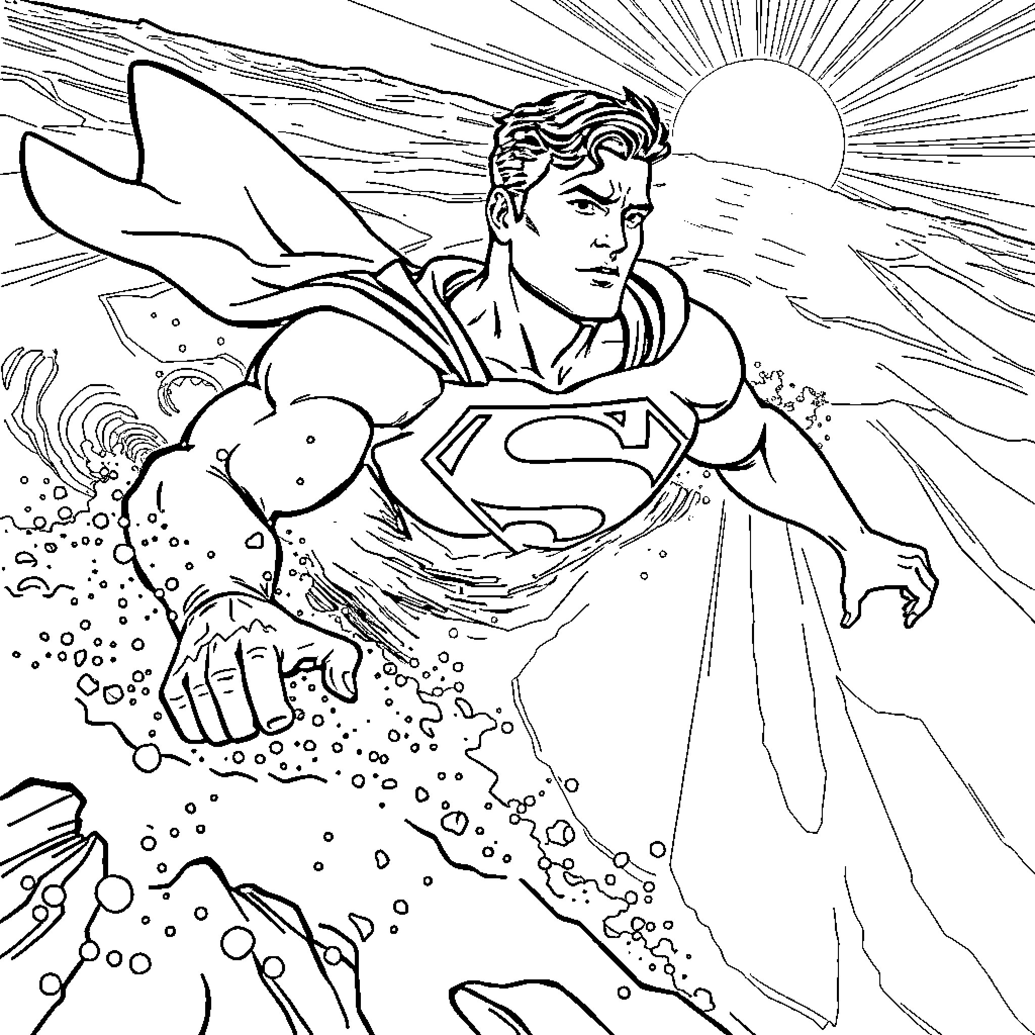 Superman soaring heroically in the sky Coloring Page (free black-and-white line drawing printable PDF for all, from beginners to advanced learners, including children, teens, adults, and seniors)
