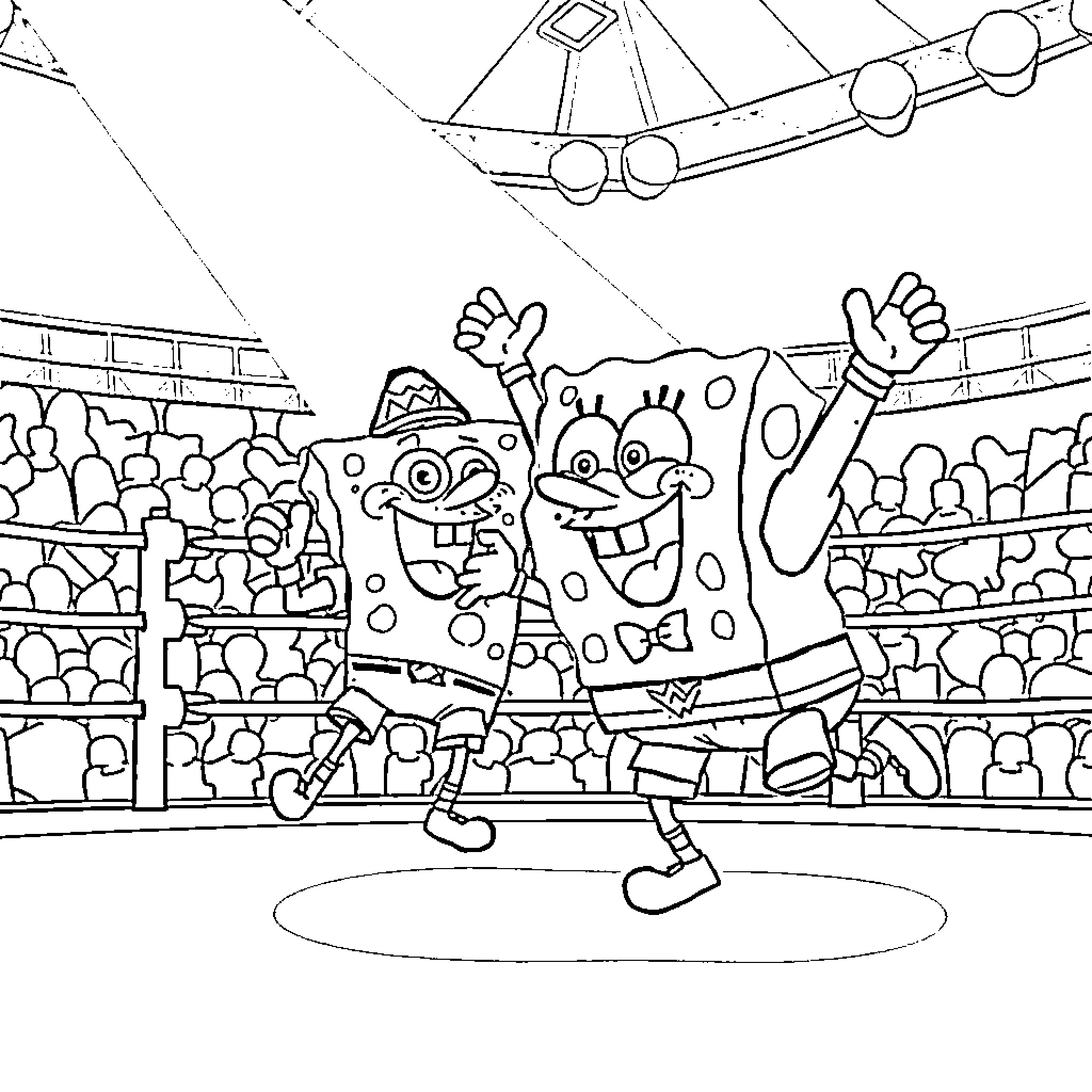 Spongebob celebrating joyfully on a stage Coloring Page (free black-and-white line drawing printable PDF for all, from beginners to advanced learners, including children, teens, adults, and seniors)