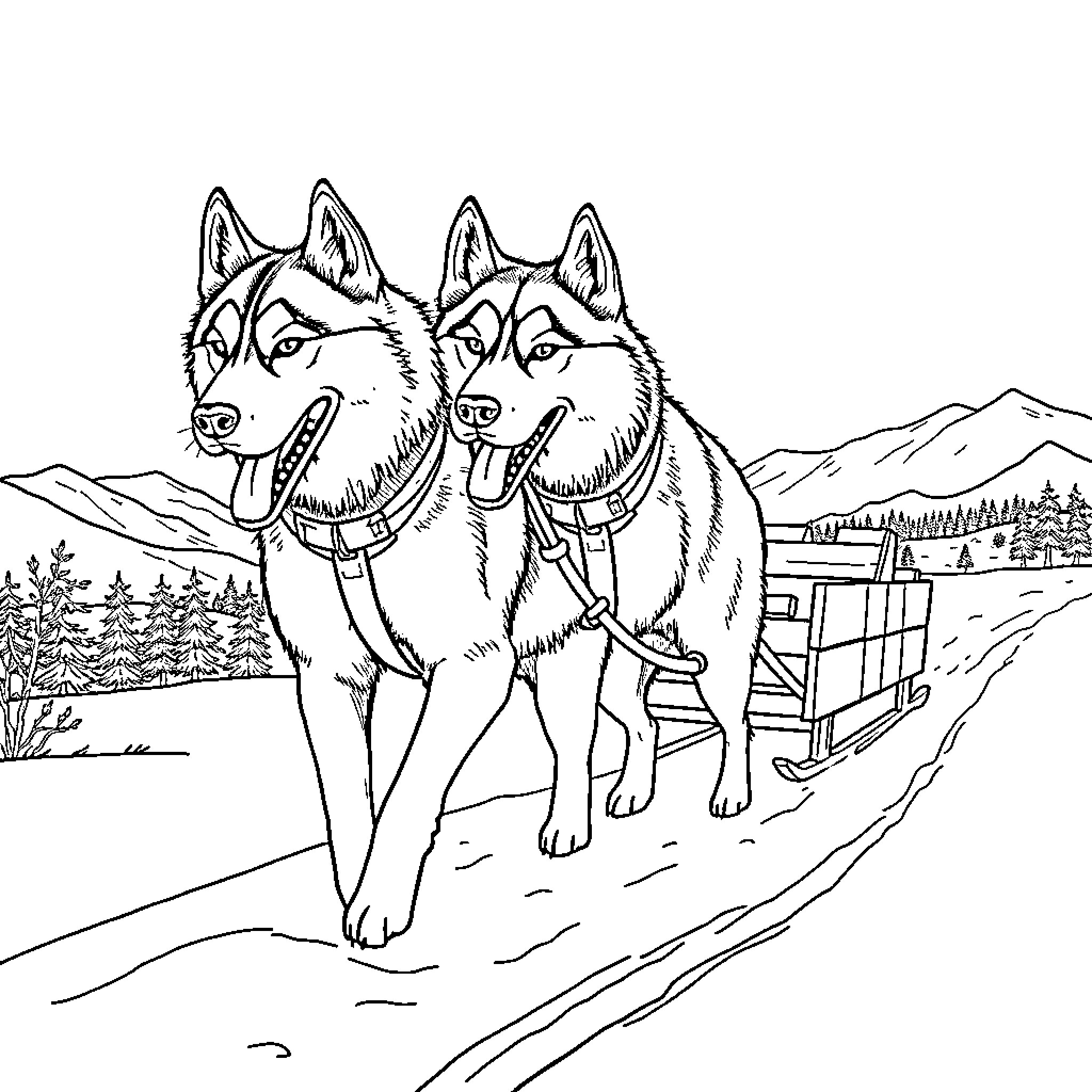 Huskies pulling sled through snowy landscape Coloring Page (free black-and-white line drawing printable PDF for all, from beginners to advanced learners, including children, teens, adults, and seniors)