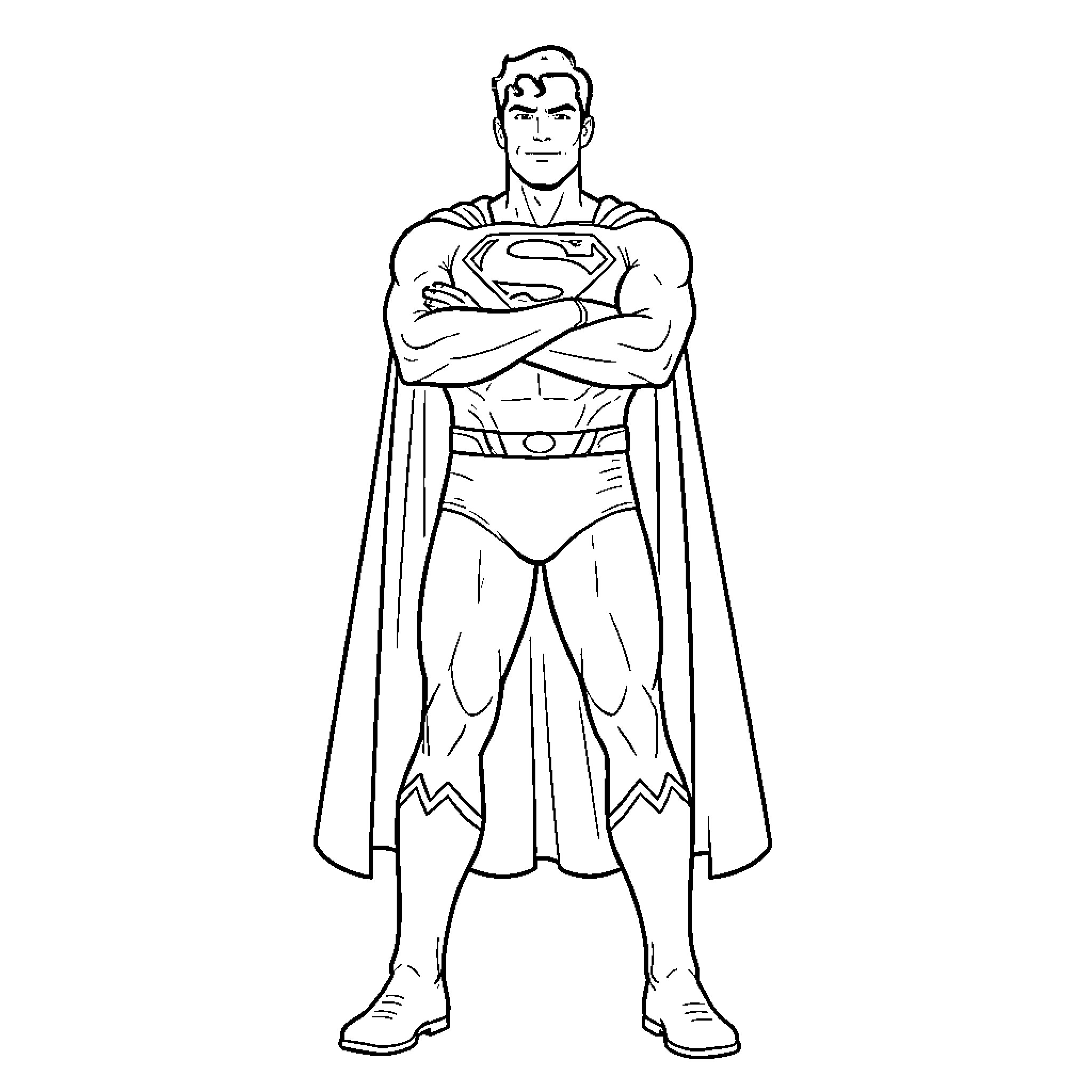Superman standing heroically with arms crossed Coloring Page (free black-and-white line drawing printable PDF for all, from beginners to advanced learners, including children, teens, adults, and seniors)