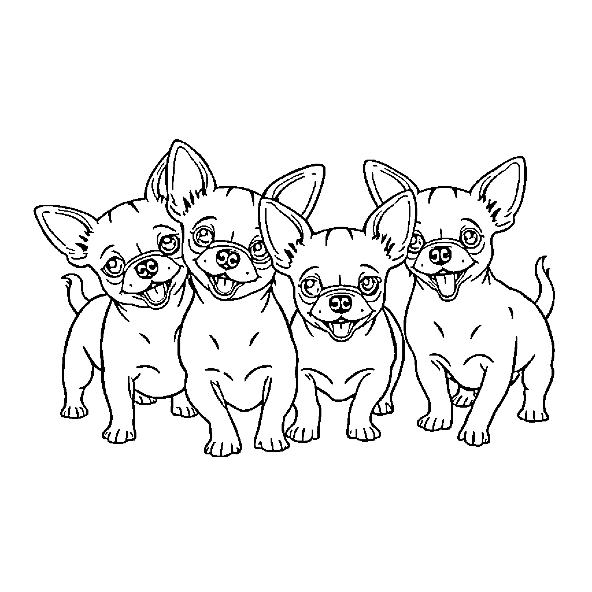 Chihuahuas playing together happily Coloring Page (free black-and-white line drawing printable PDF for all, from beginners to advanced learners, including children, teens, adults, and seniors)