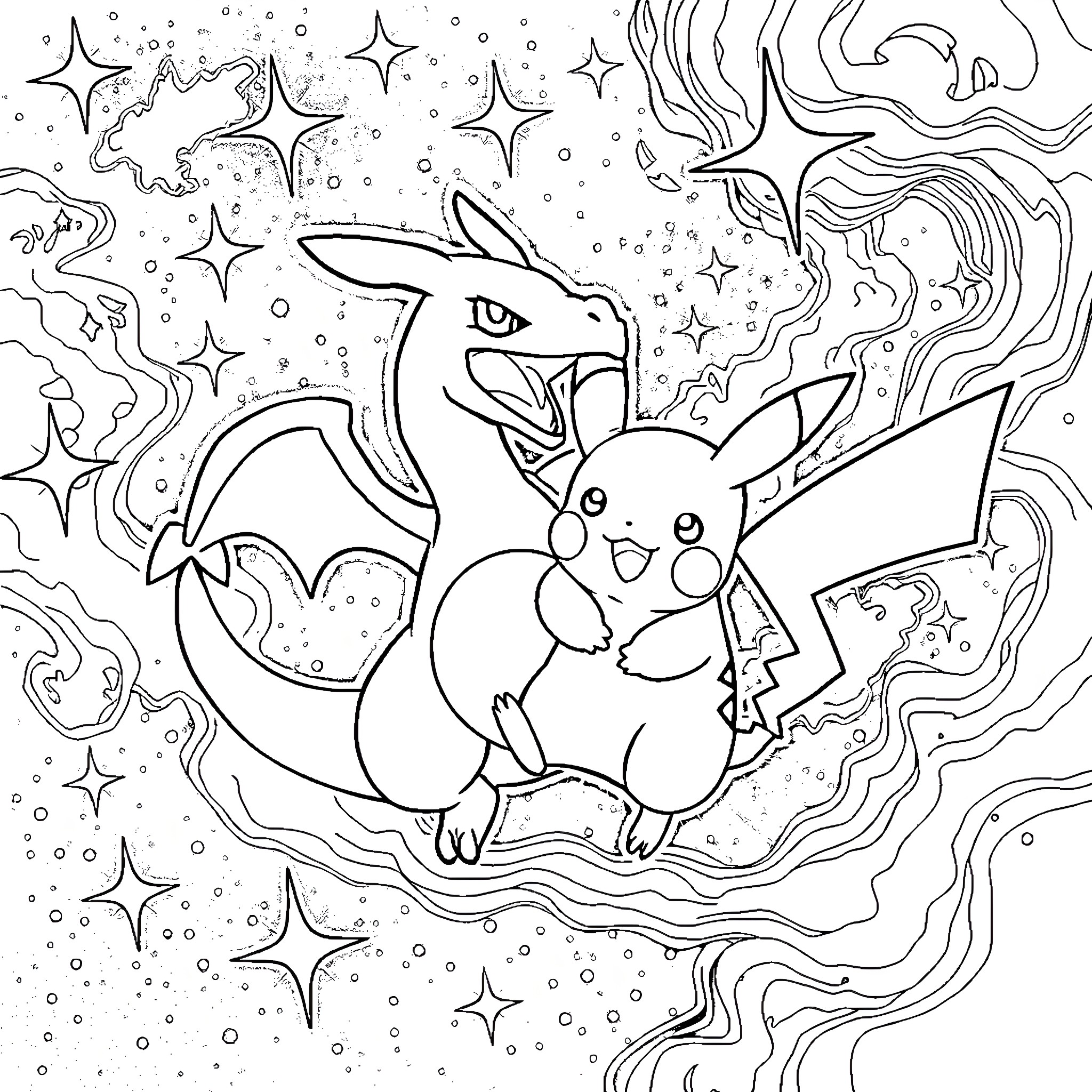Charizard and Pikachu in a Cosmic Adventure Coloring Page (free black-and-white line drawing printable PDF for all, from beginners to advanced learners, including children, teens, adults, and seniors)
