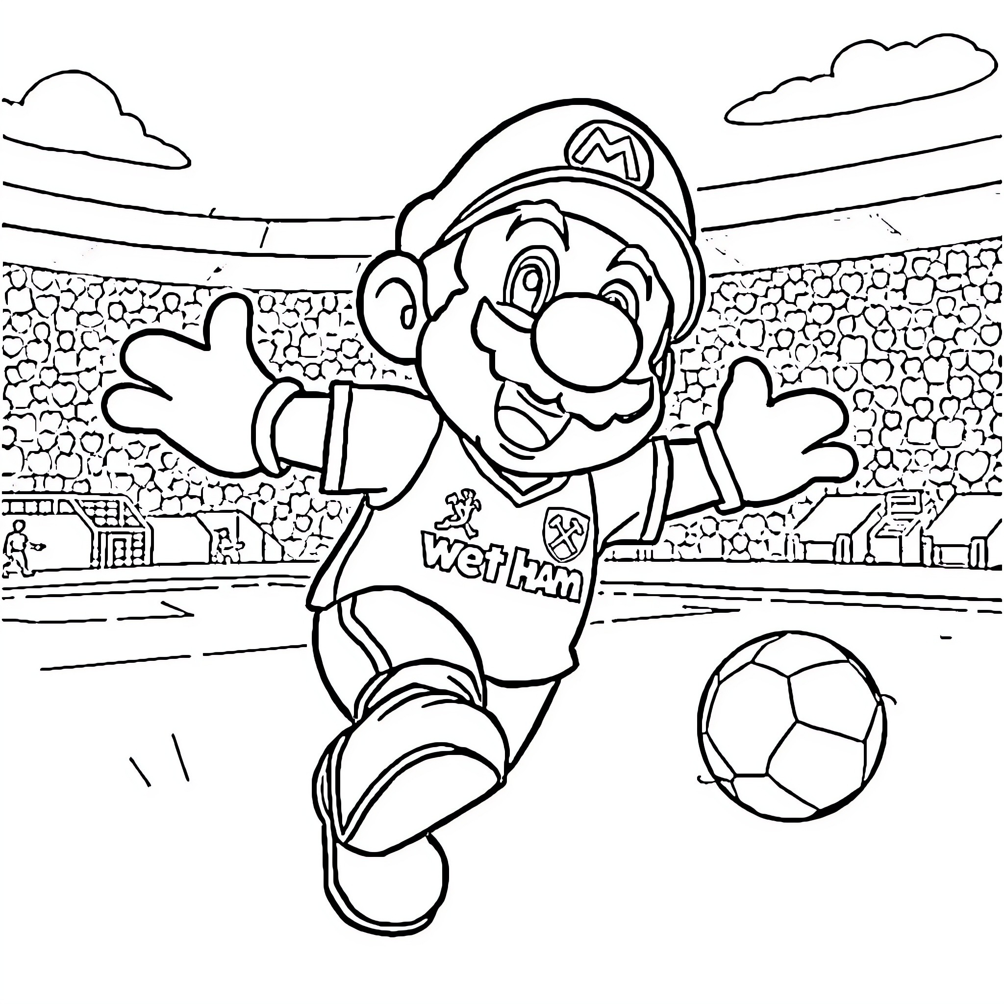 Super Mario kicking soccer ball on playing field Coloring Page (free black-and-white line drawing printable PDF for all, from beginners to advanced learners, including children, teens, adults, and seniors)