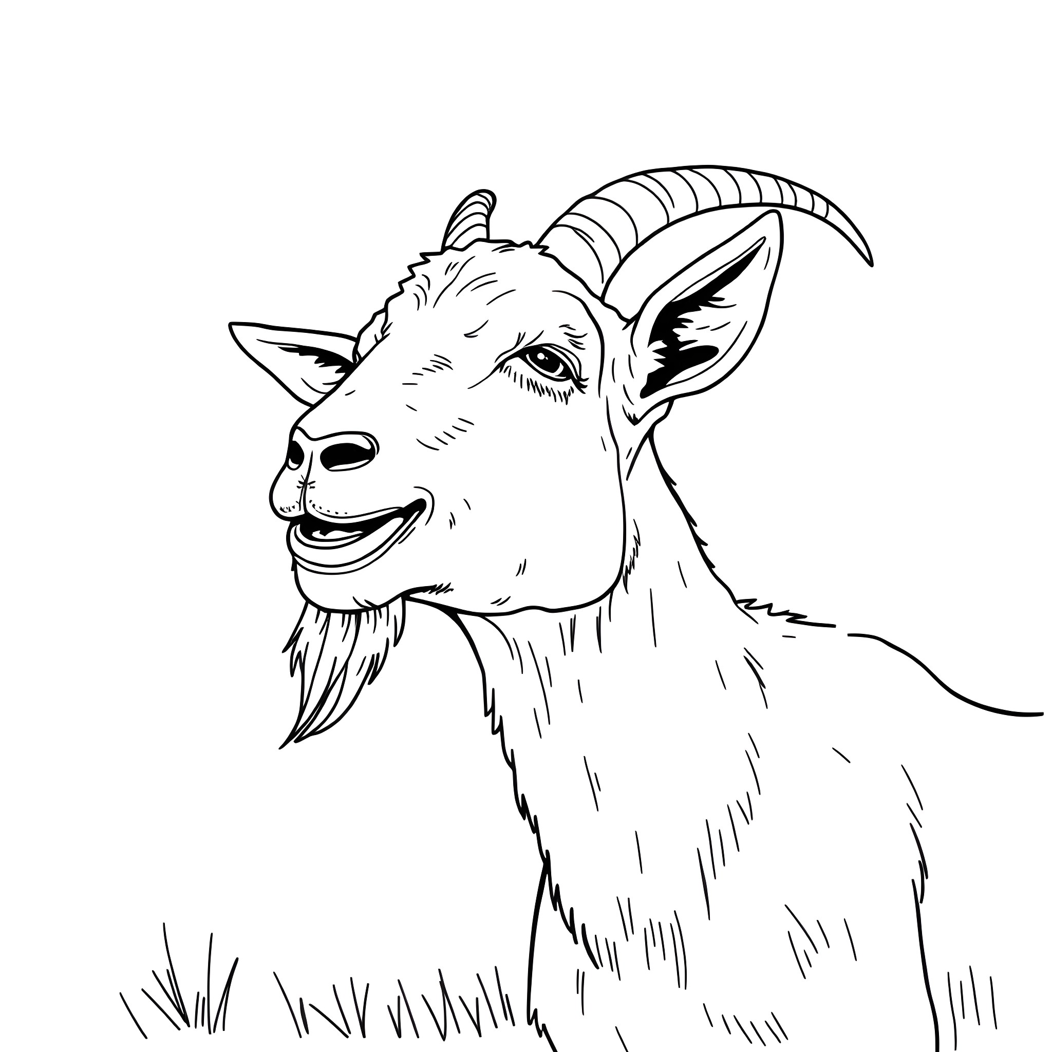 Goat smiling happily in the field Coloring Page (free black-and-white line drawing printable PDF for all, from beginners to advanced learners, including children, teens, adults, and seniors)