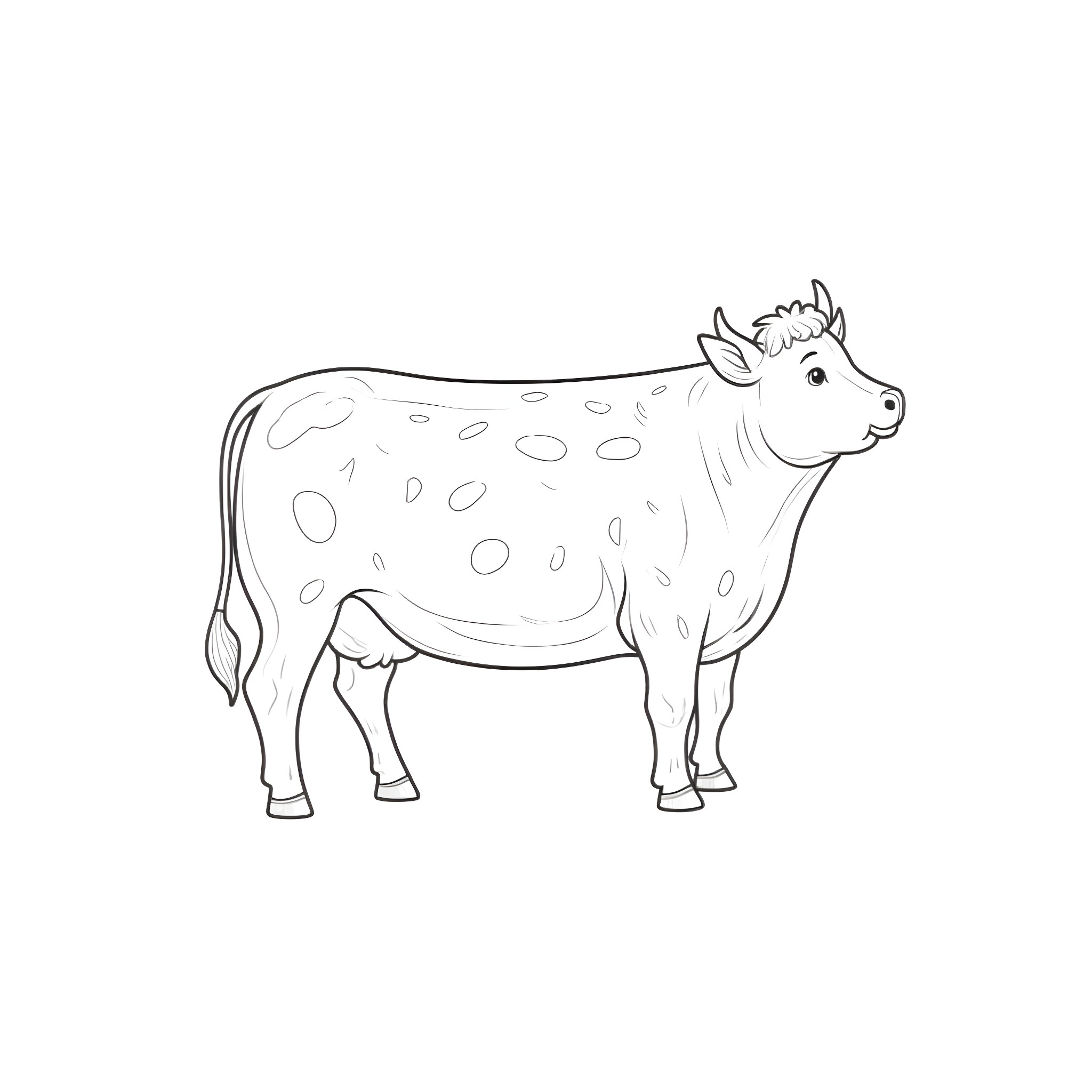 Cow standing with spotted pattern Coloring Page (free black-and-white line drawing printable PDF for all, from beginners to advanced learners, including children, teens, adults, and seniors)
