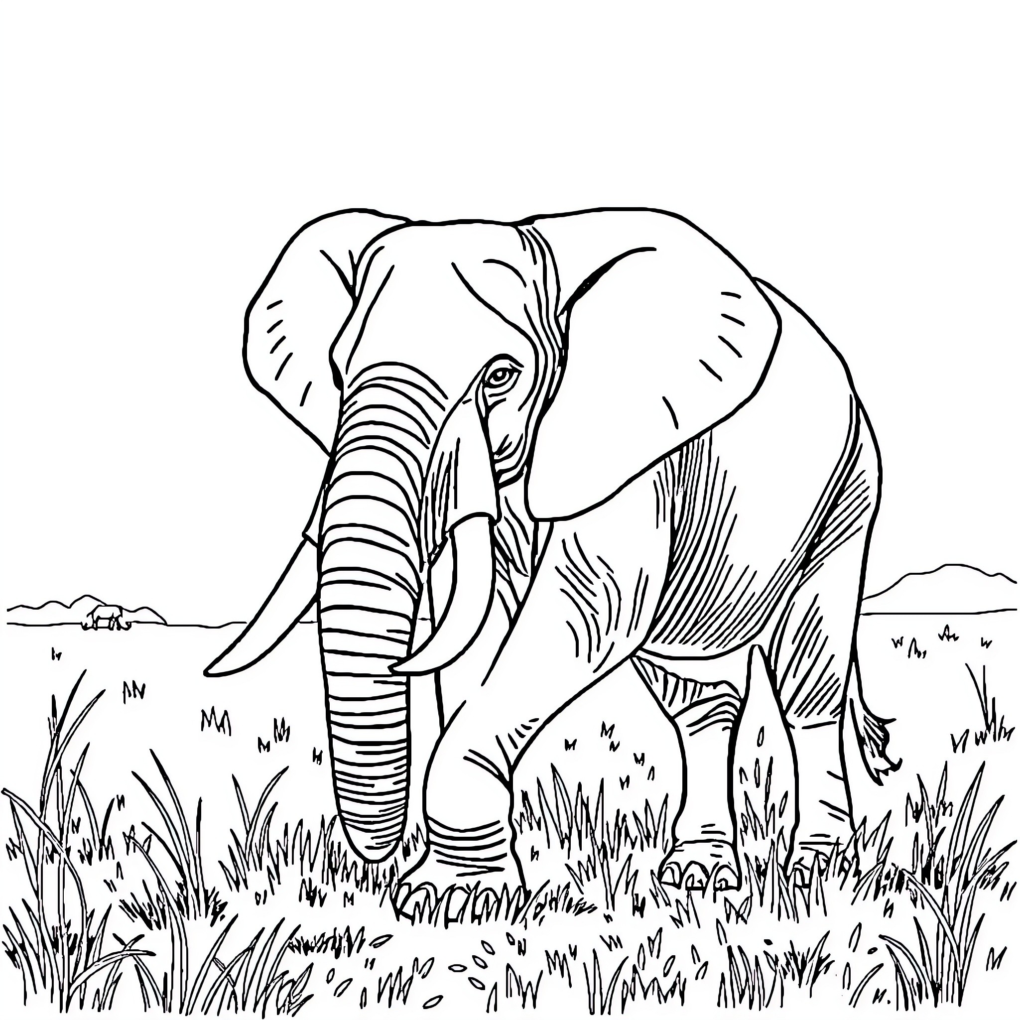 Elephant Grazing Peacefully in the Grassland Coloring Page (free black-and-white line drawing printable PDF for all, from beginners to advanced learners, including children, teens, adults, and seniors)